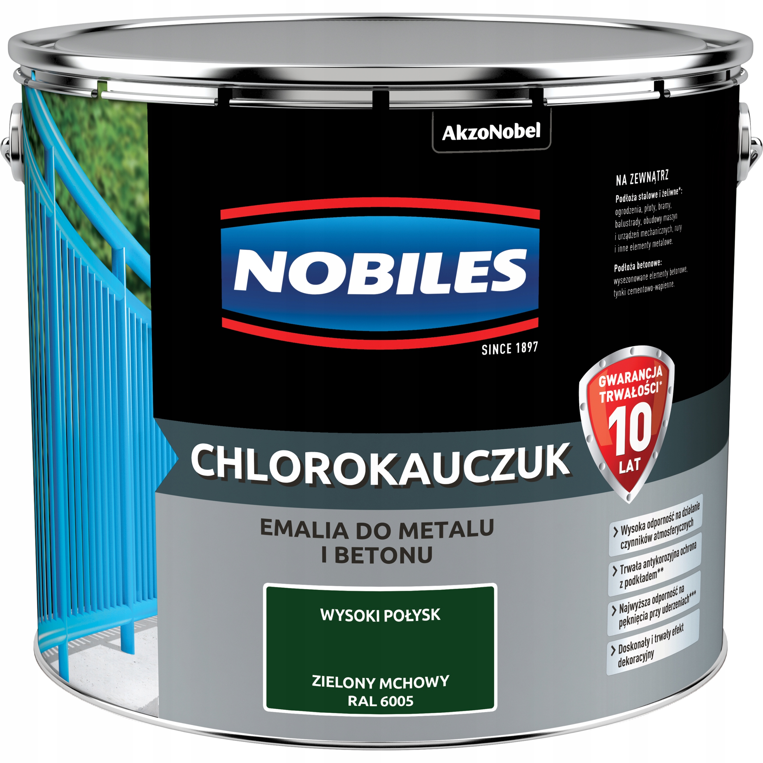 Emalia chlorokauczukowa do metalu Nobiles zielony mchowy RAL6005 połysk 10L