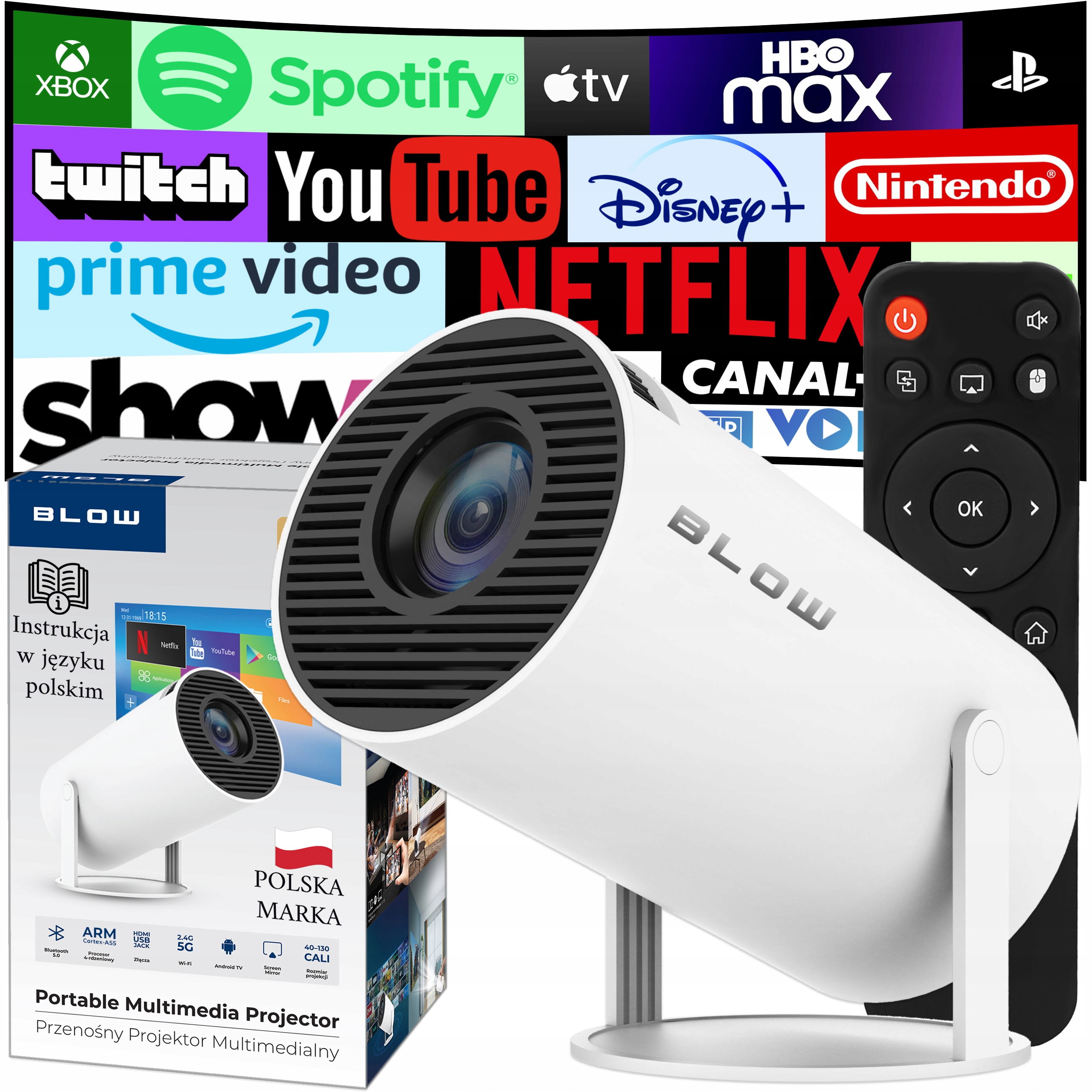 Przenośny Projektor Obrotowy Rzutnik Głośnik Android Smart Tv Wifi Full Hd