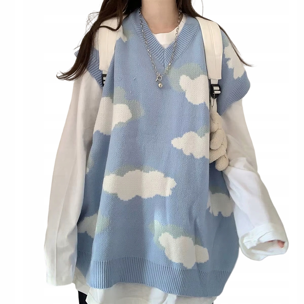 Dámská oversize svetrová vesta s obláčky V-neck, dívčí svetr S