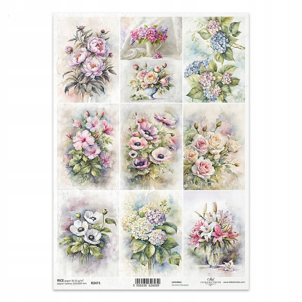 PAPIER RYŻOWY do decoupage A4 ITD-R2471 letnie kwiaty, bukiety