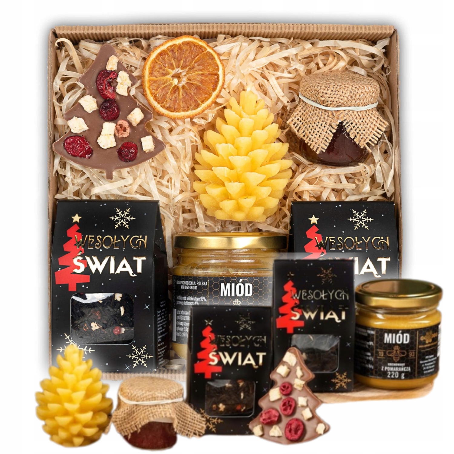 Levně Dárkový Koš Vánoční Box Dárek Sada Čajů Med Svíčka Čokoláda