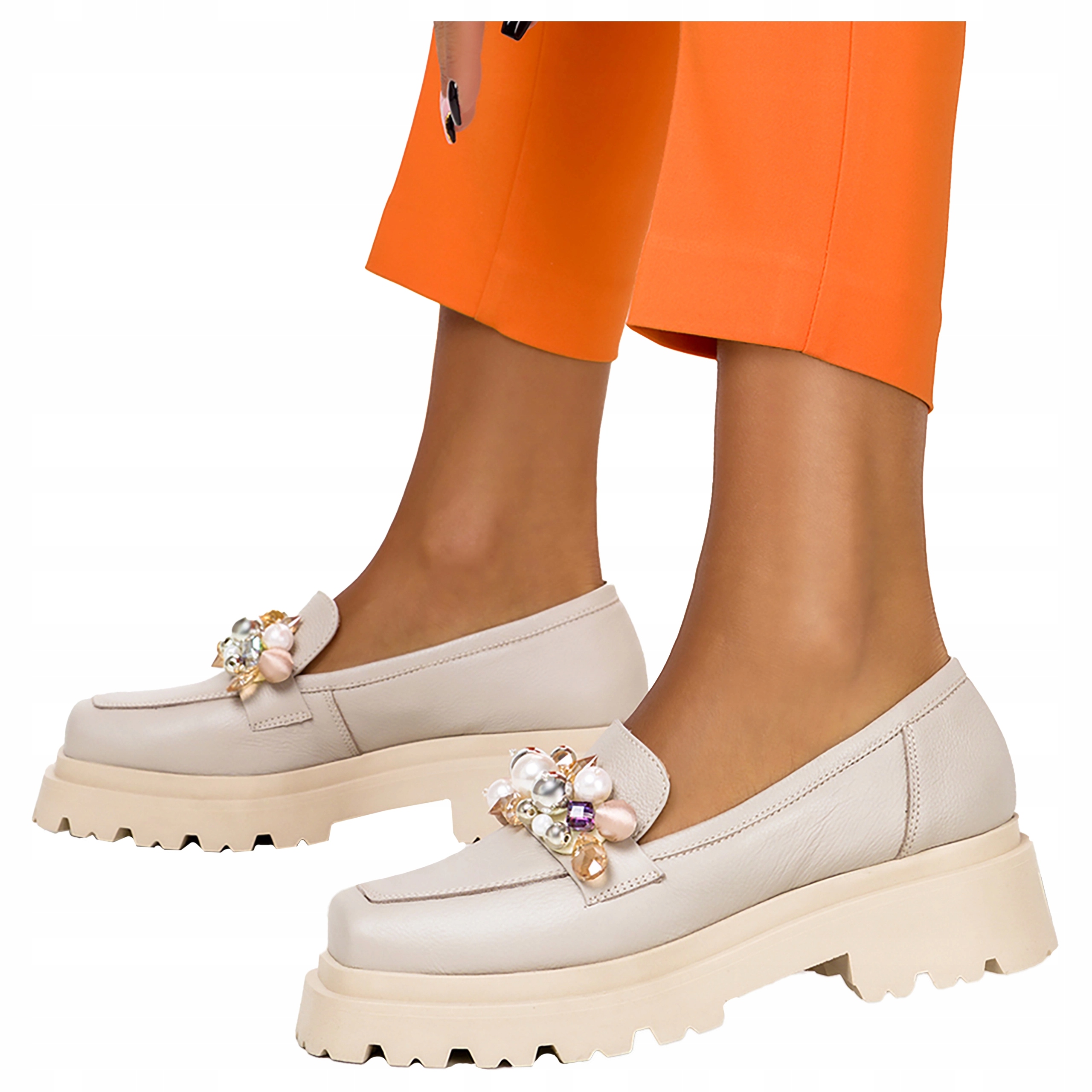 Kožené Lehké Mokasíny Dámské Polobotky Nazouvací Béžové Módní Ozdoba vel 37