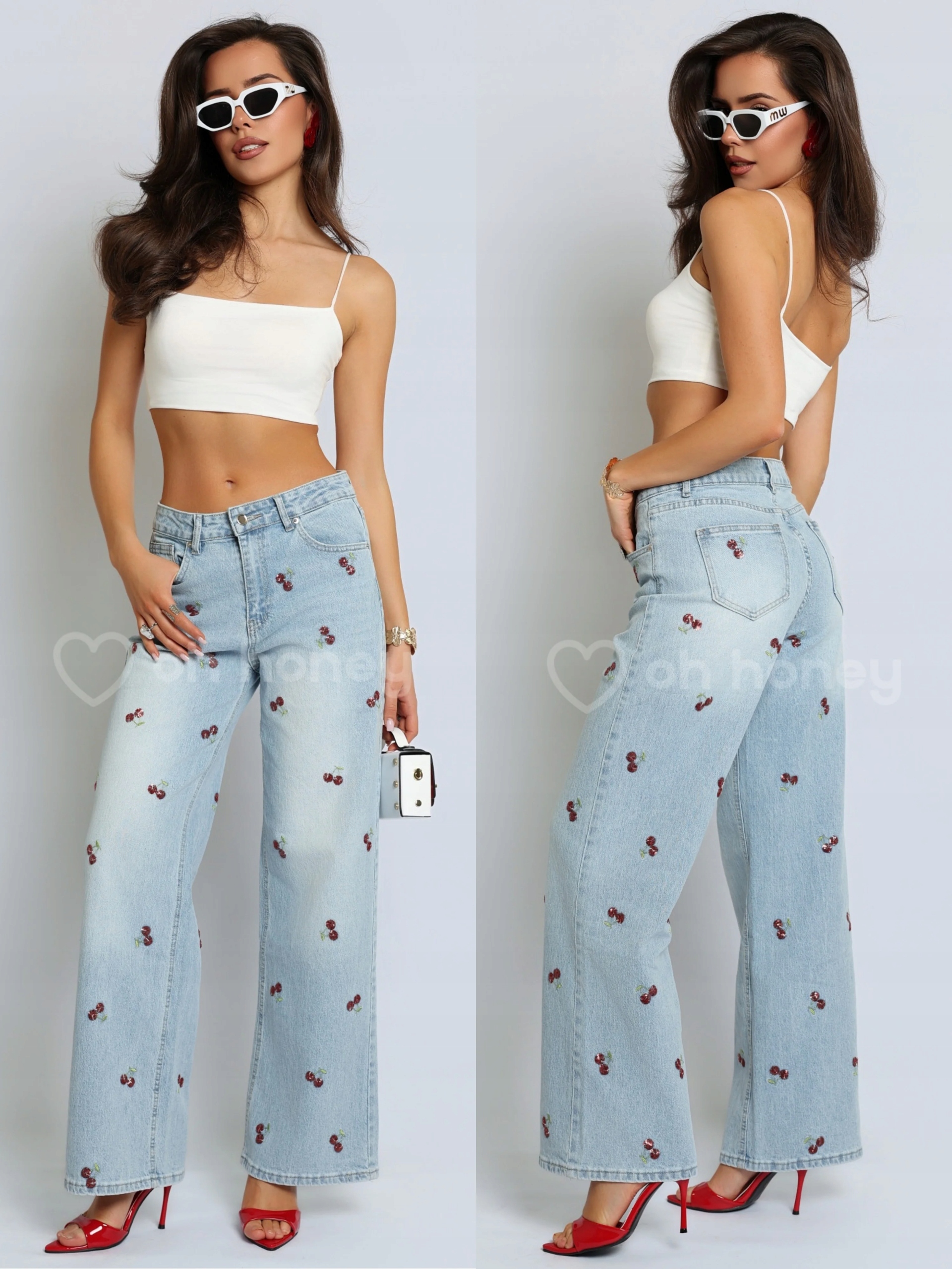 Džínové kalhoty s výšivkou, modré Cherry Denim S