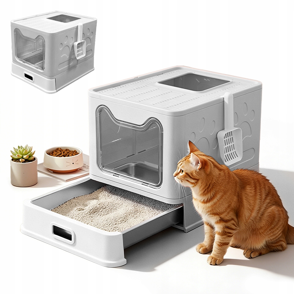 Velká krytá uzavřená toaleta pro kočky 48 * 38 Cm šedá s šuplíkem a lopatkou