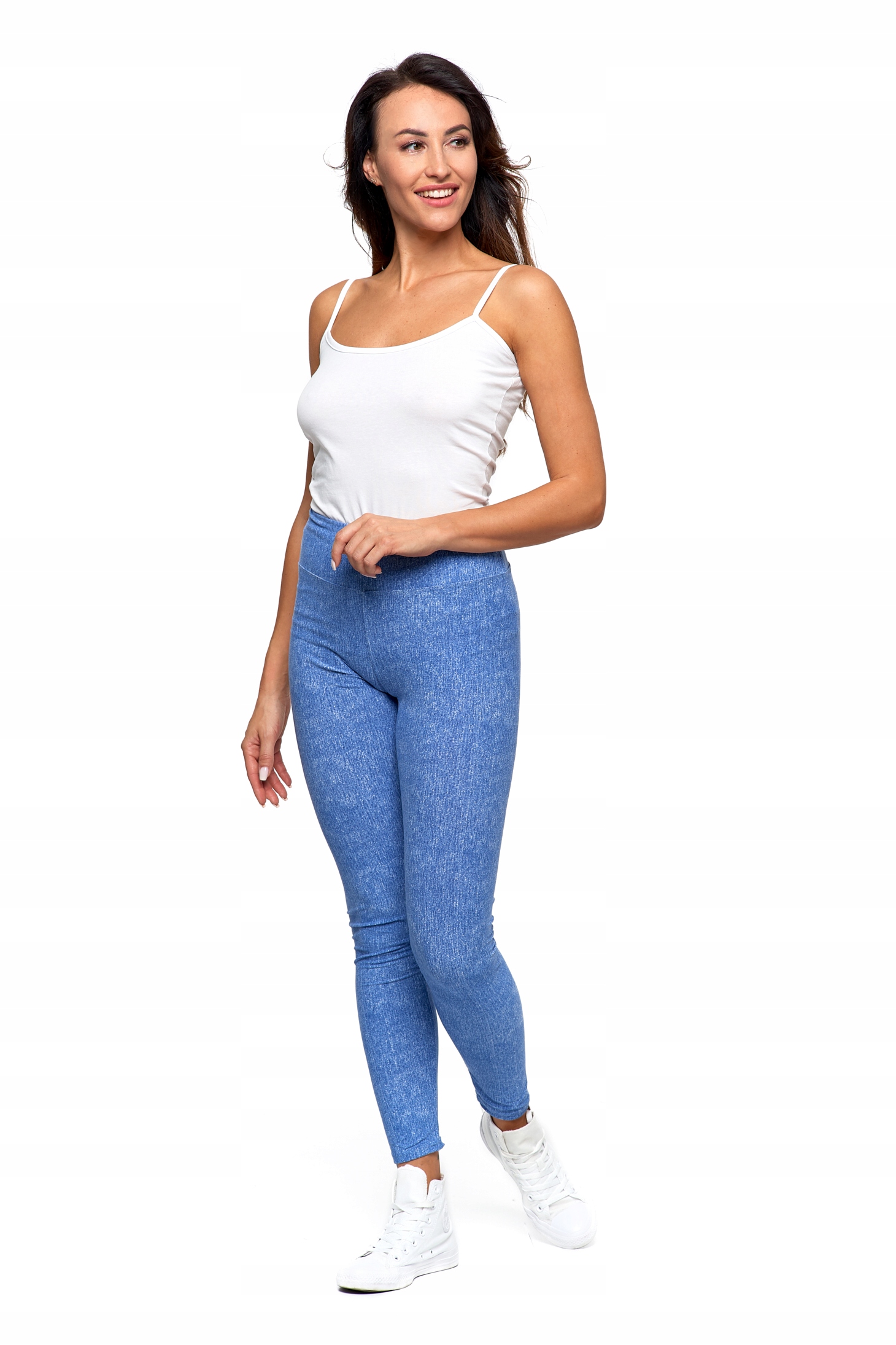 LEGGINSY DAMSKIE Z WYSOKIM STANEM WZÓR A'LA JEANS DOPASOWANE MORAJ S/M Rozmiar S/M