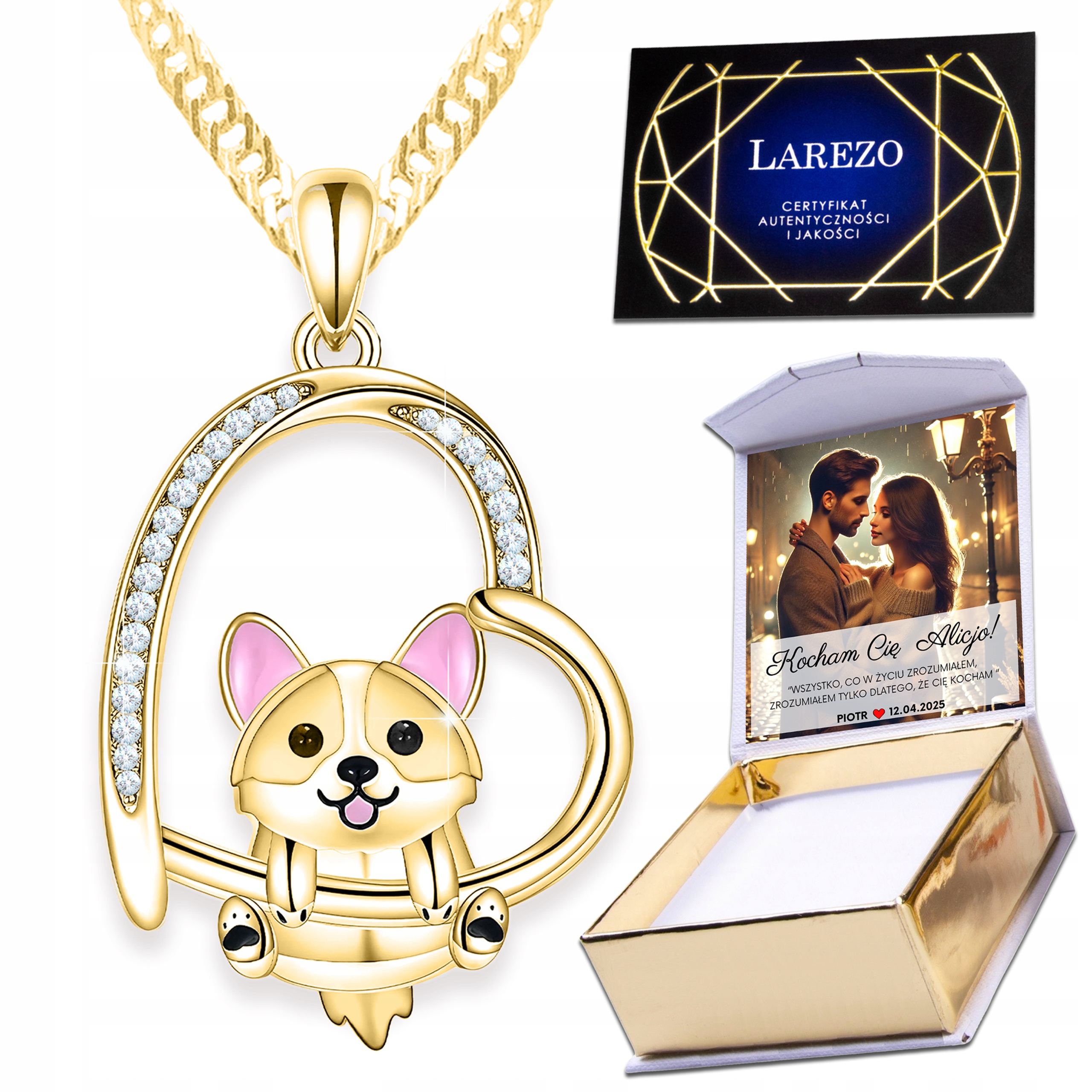 Zlatý náhrdelník 925 Srdce s krystaly Pes Tlapka Zirkony Potisk