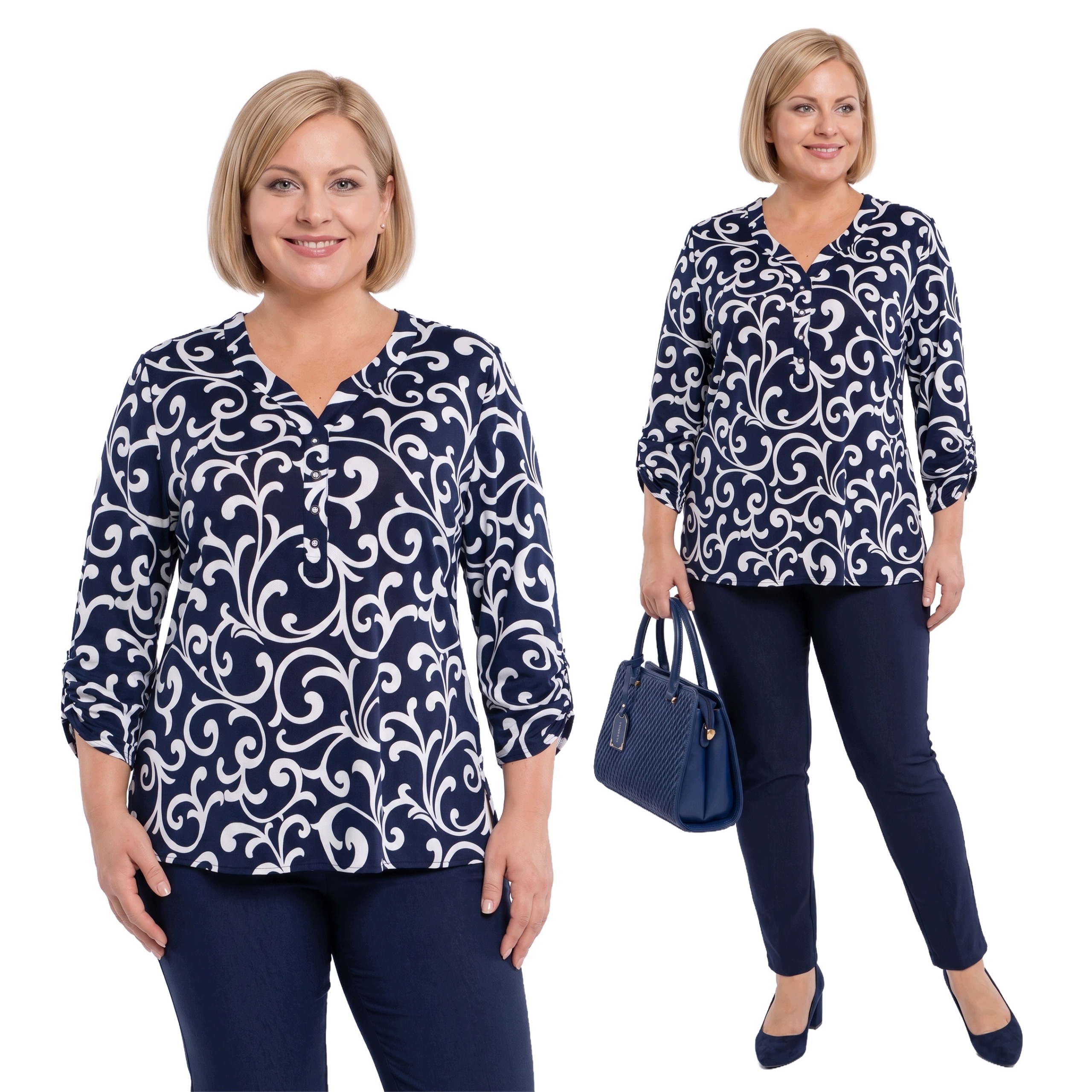 Tmavě modrá halenka s bílými vzory plus size, velikost 54