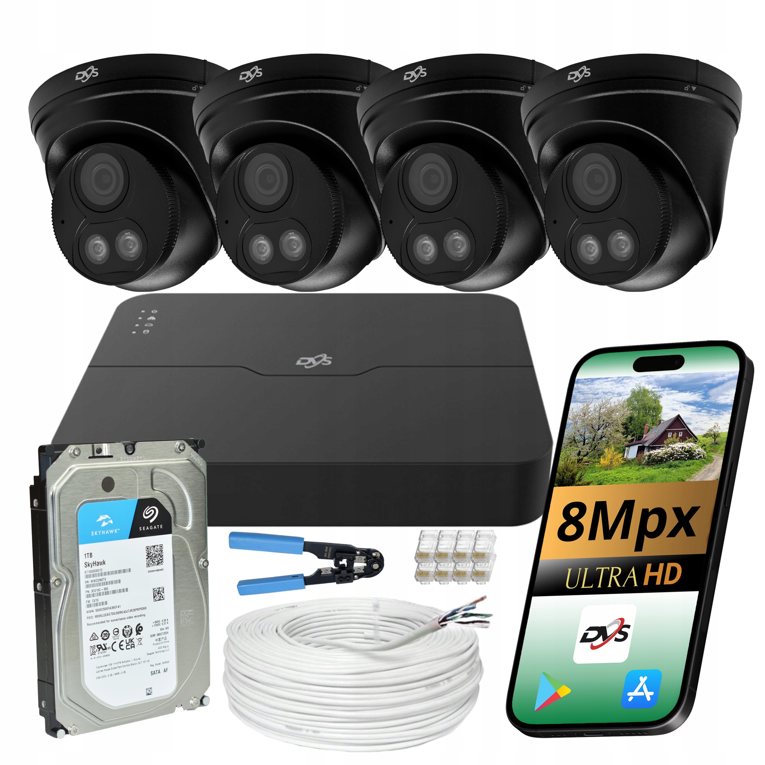 Zestaw Czarne Kamery Zewnętrzne 4x Kamera Ip 8MPX Poe Dysk 1TB Dual Light