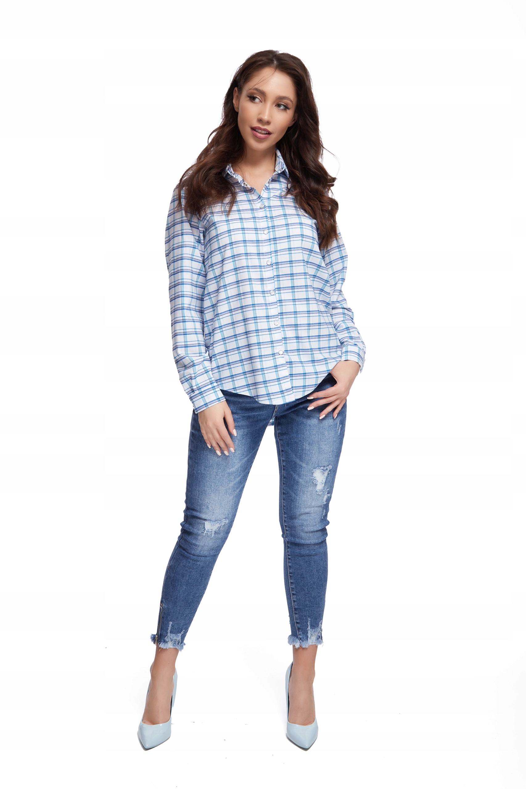 Elegancka CASUALOWA Koszula Damska w Kratę R - 46 Dekolt kołnierzyk