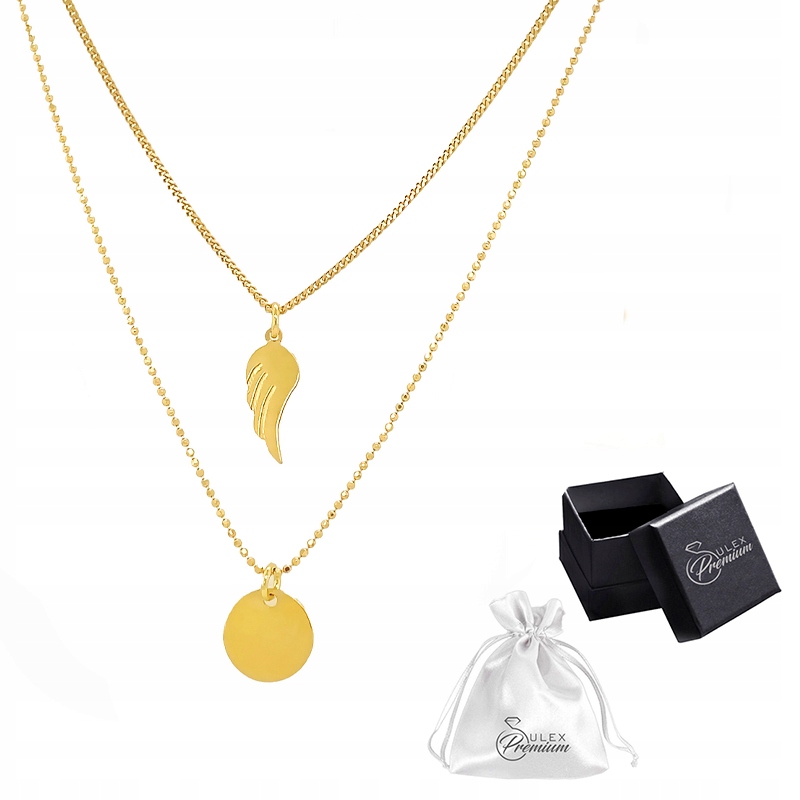 Stříbrný náhrdelník ryzost 925 Zlatá Kolie Dvojitá Křídlo a Kolečko Pro Ni