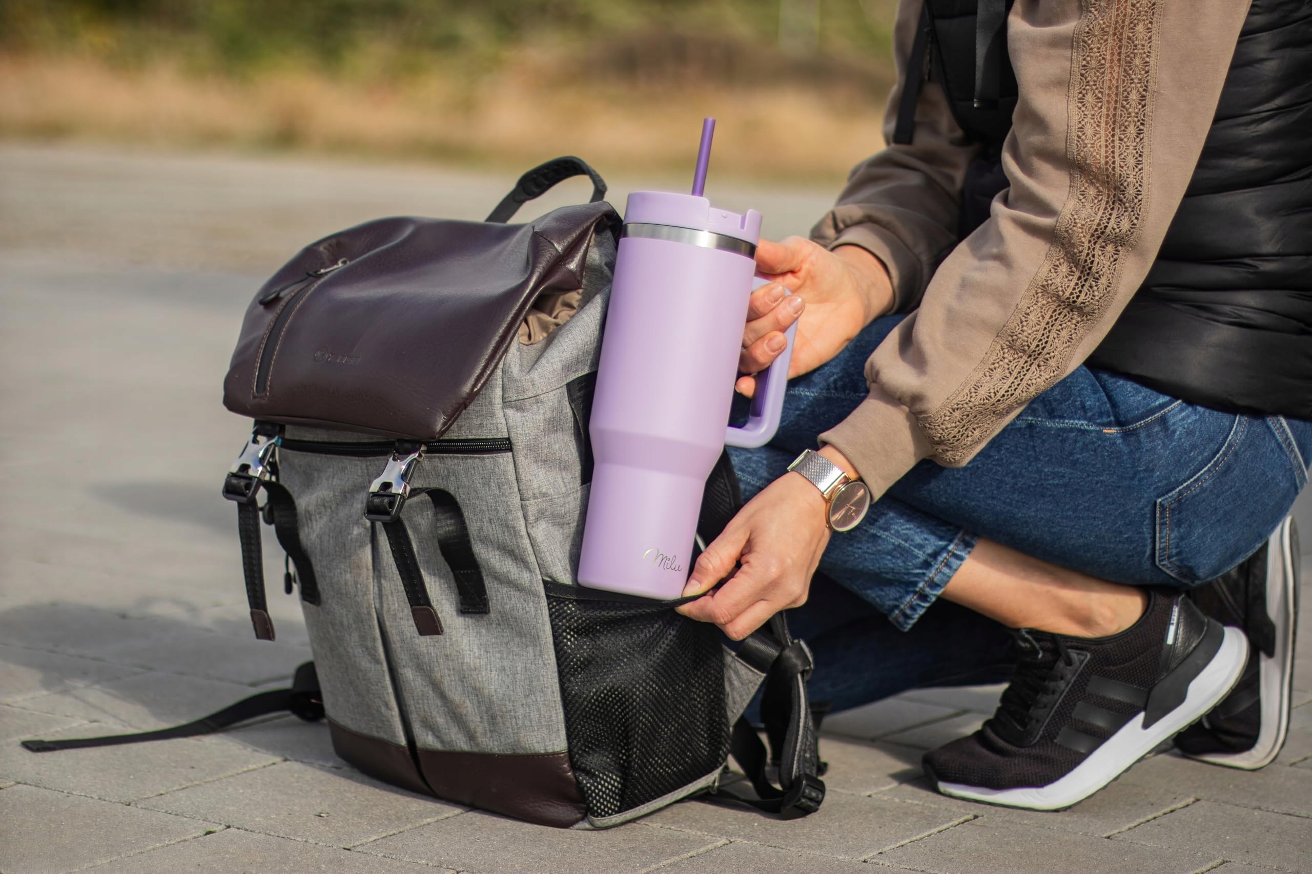 MILU Kubek Termiczny 1200ml Słomka Uchwyt Stal Nierdzewna 40oz Lilac — miniatura 9