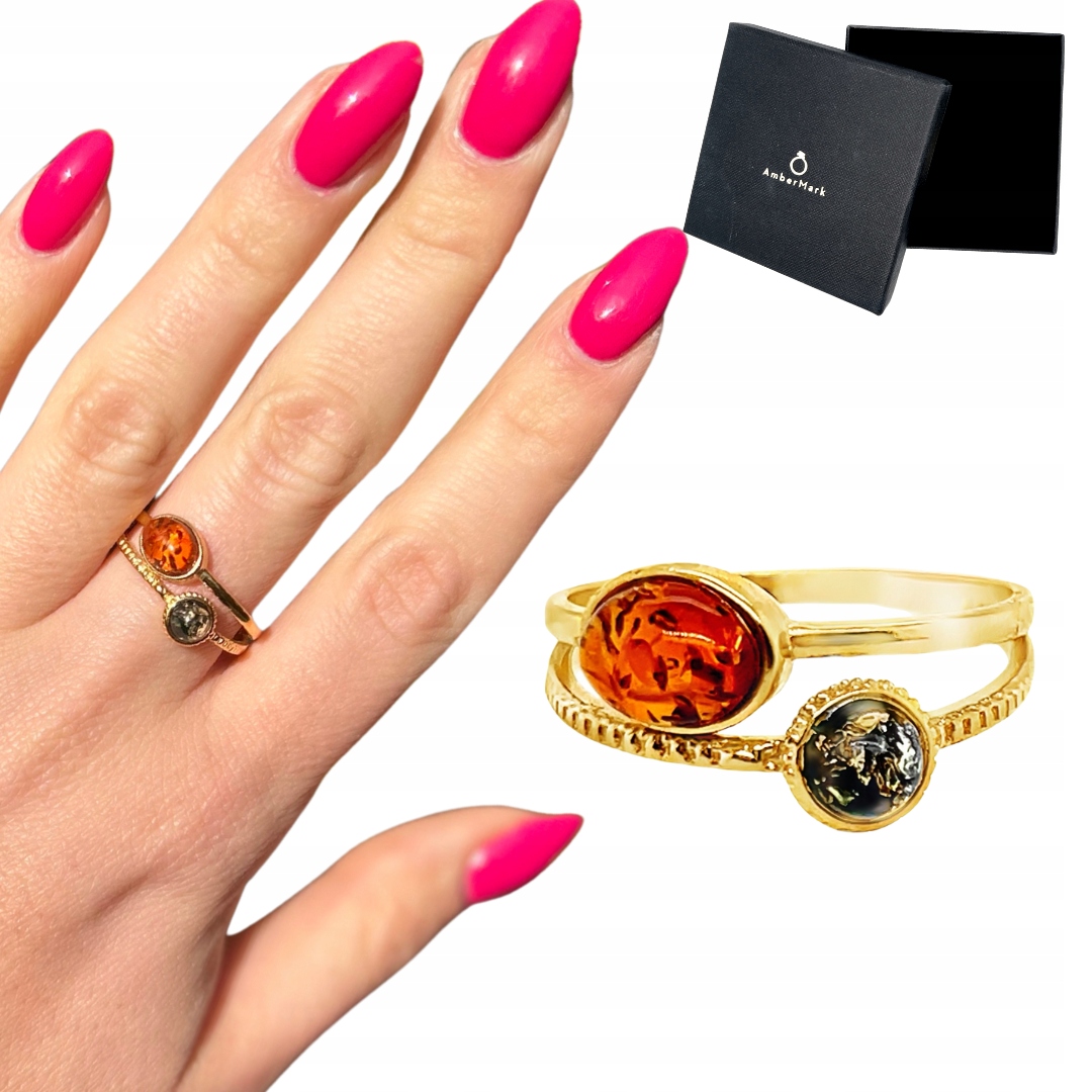 Pozlacený stříbrný Prstýnek s baltským jantarem, velikost 12 Film