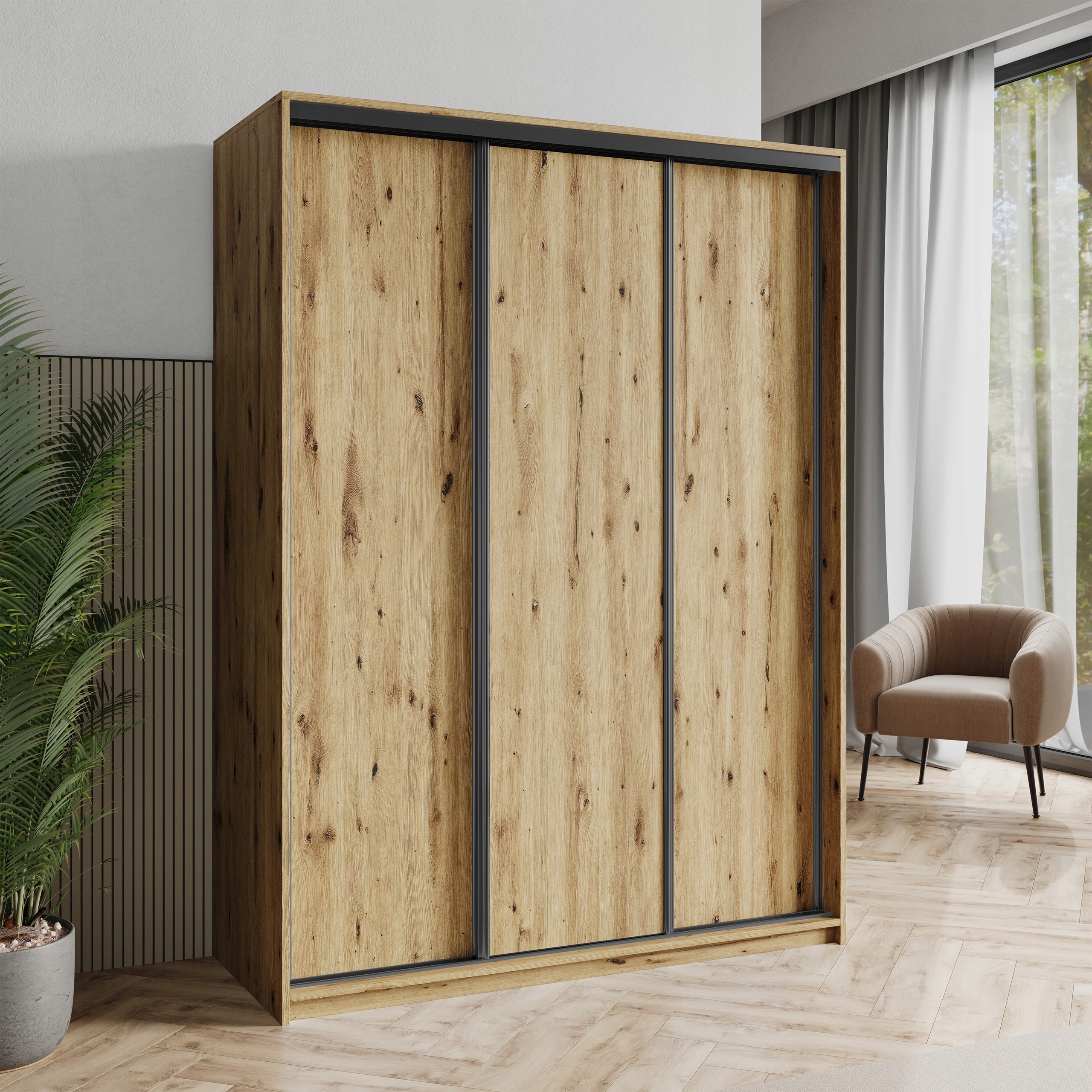 Skříň Třídveřová Nisse 150 cm Zásuvky Dub Artisan Černá