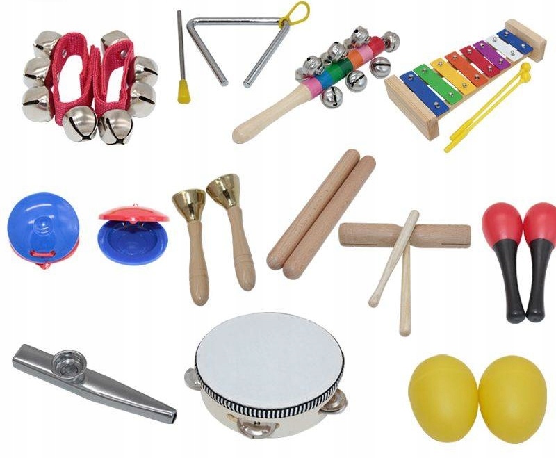 ZESTAW INSTRUMENTÓW PERKUSYJNY DLA DZIECI NAUKA RYTMU CYMBAŁKI 22 ELEMENTY