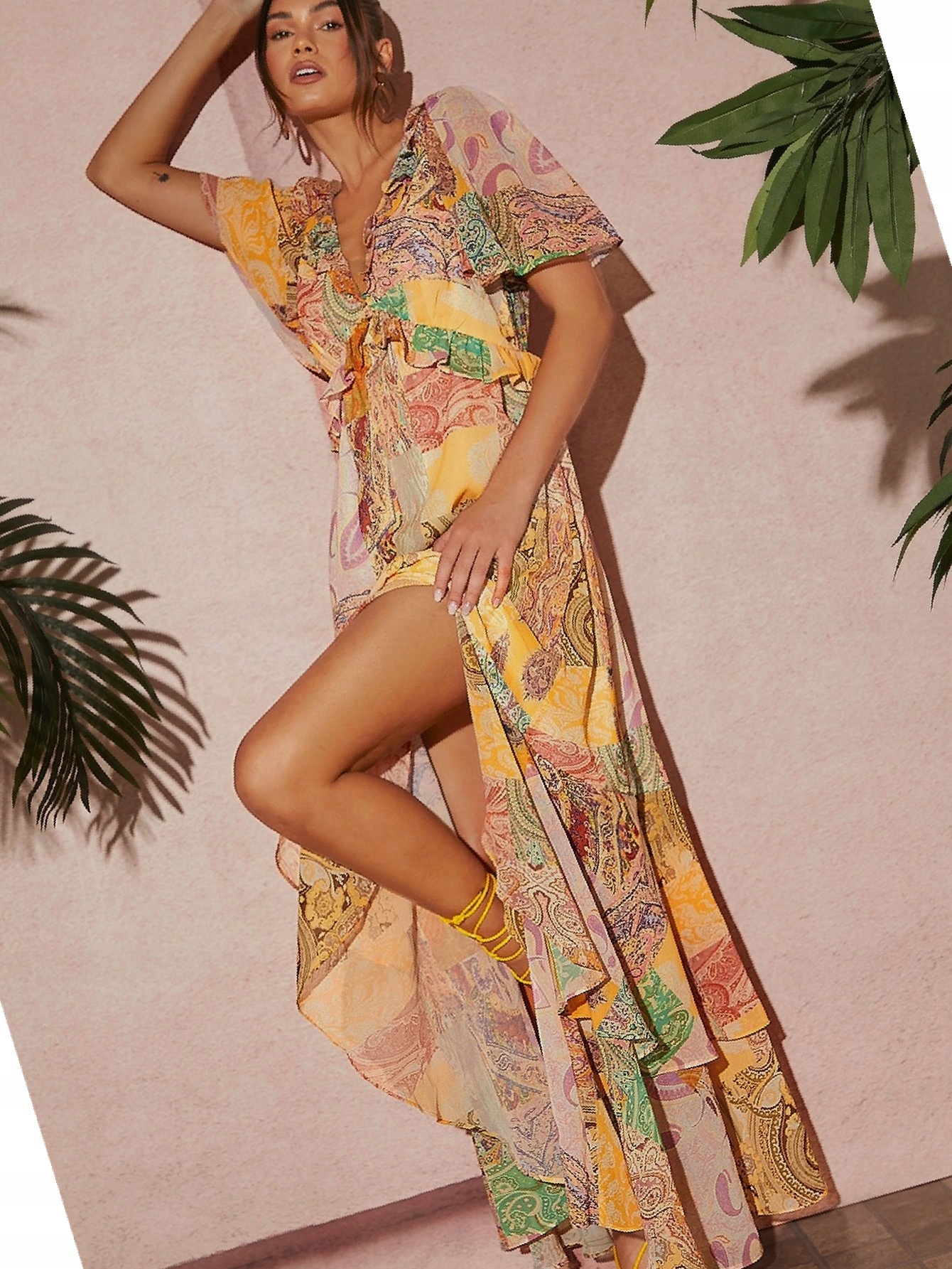 Šaty Patchworková s falbankami Casual Boho Šifonová Maksi Xs 34