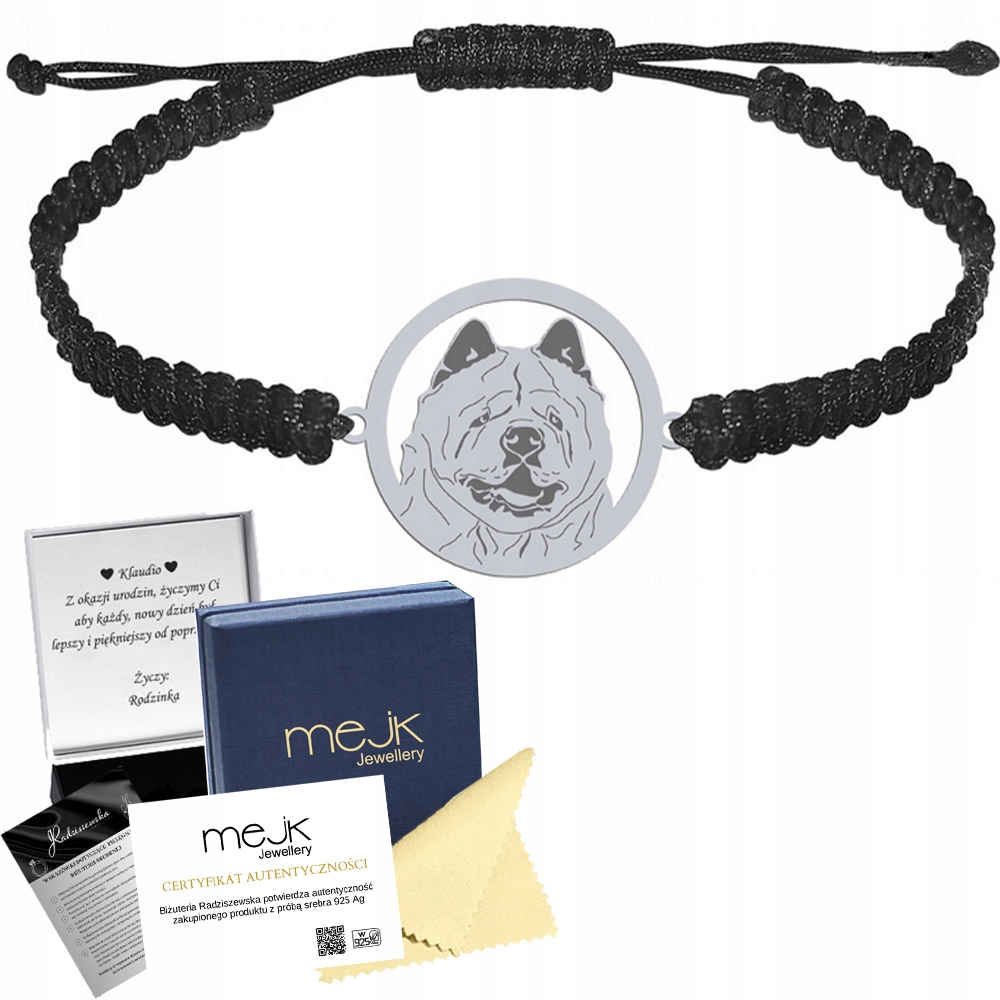 Stříbrný náramek s psem Chow chow Soft 925 Makramé Dárek Gravírování Bonus