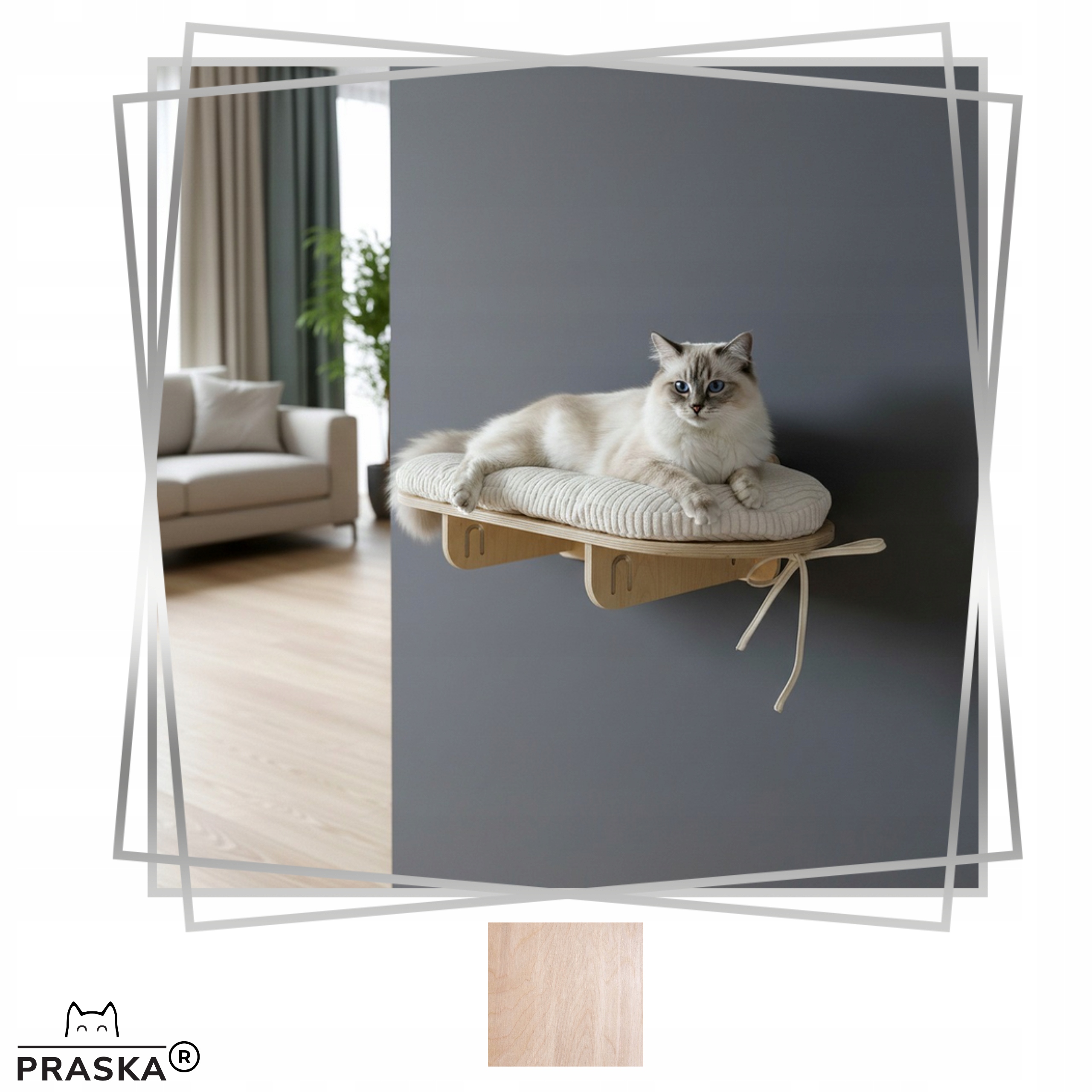 Levně Praska Police na zeď pro kočky dlouhá Ovallsleep 75x35 překližka Natural