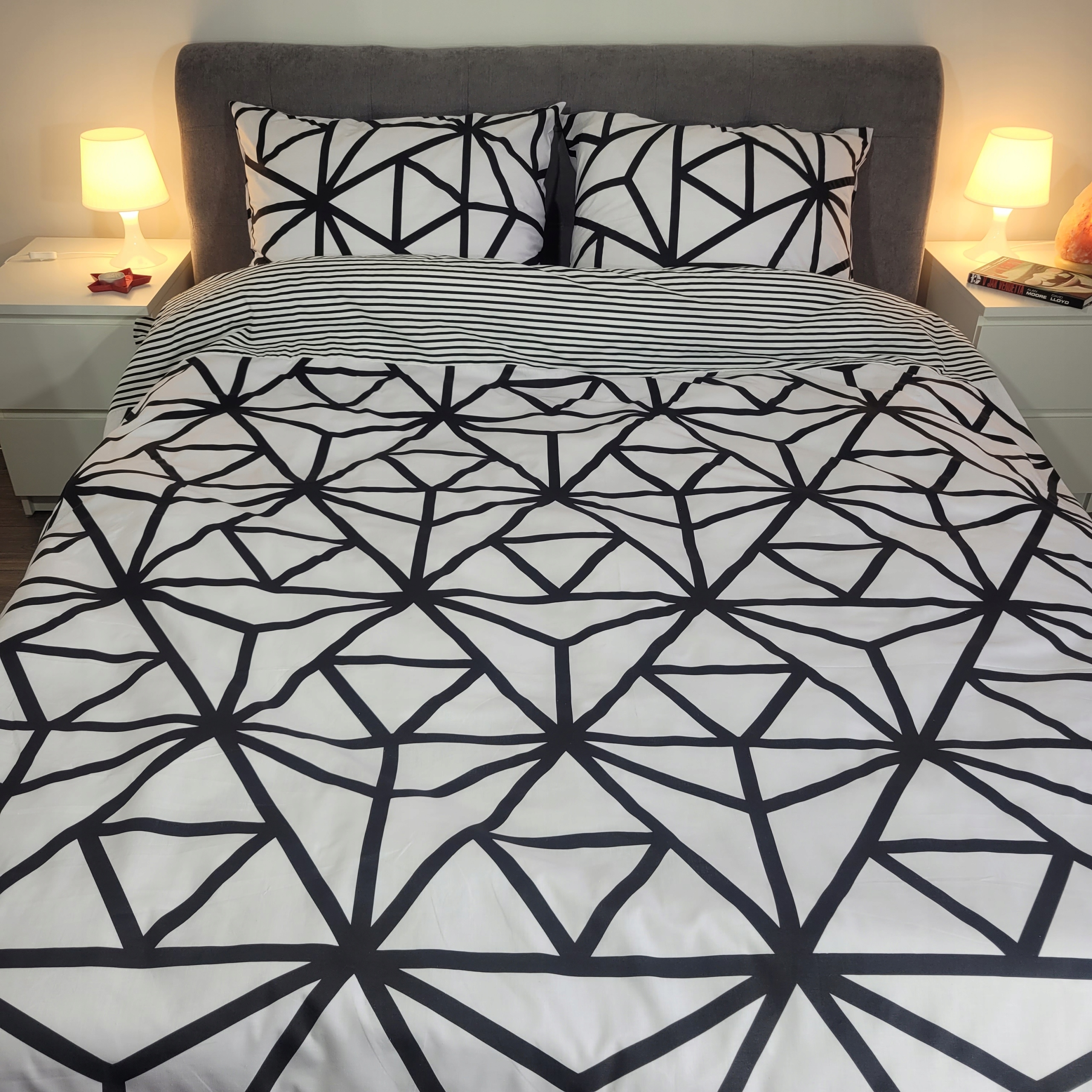 POŚCIEL 180x200 BAWEŁNA 100% CZARNA PAJĘCZYN PASKI Materiał bawełna