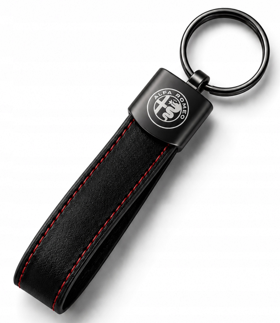 Brelok Alfa Romeo Skórzany Premium Czarny z Czerwonym Szyciem