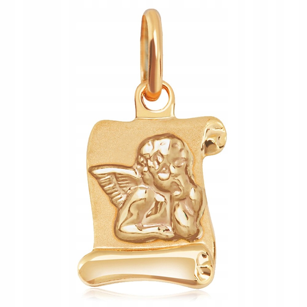 ZŁOTY MEDALIK 585 ANIOŁEK NA PAPIRUSIE PREZENT Stan opakowania oryginalne