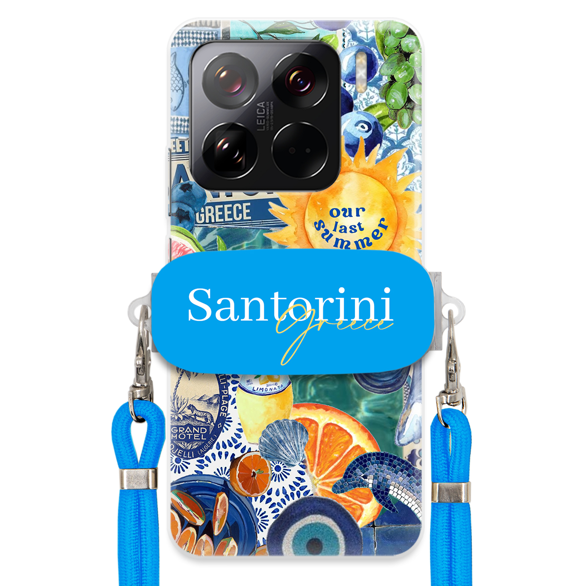 Puzdro pre Xiaomi 15 Pro Modré Crossbody vodítko držiak Santorini Greece