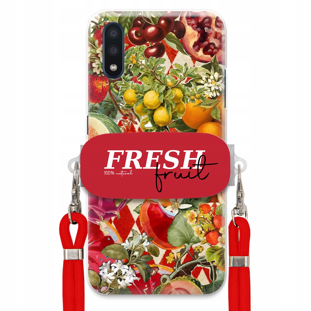 Puzdro pre Samsung A01 Červené Crossbody vodítko držiak Fresh Fruit Ovocné