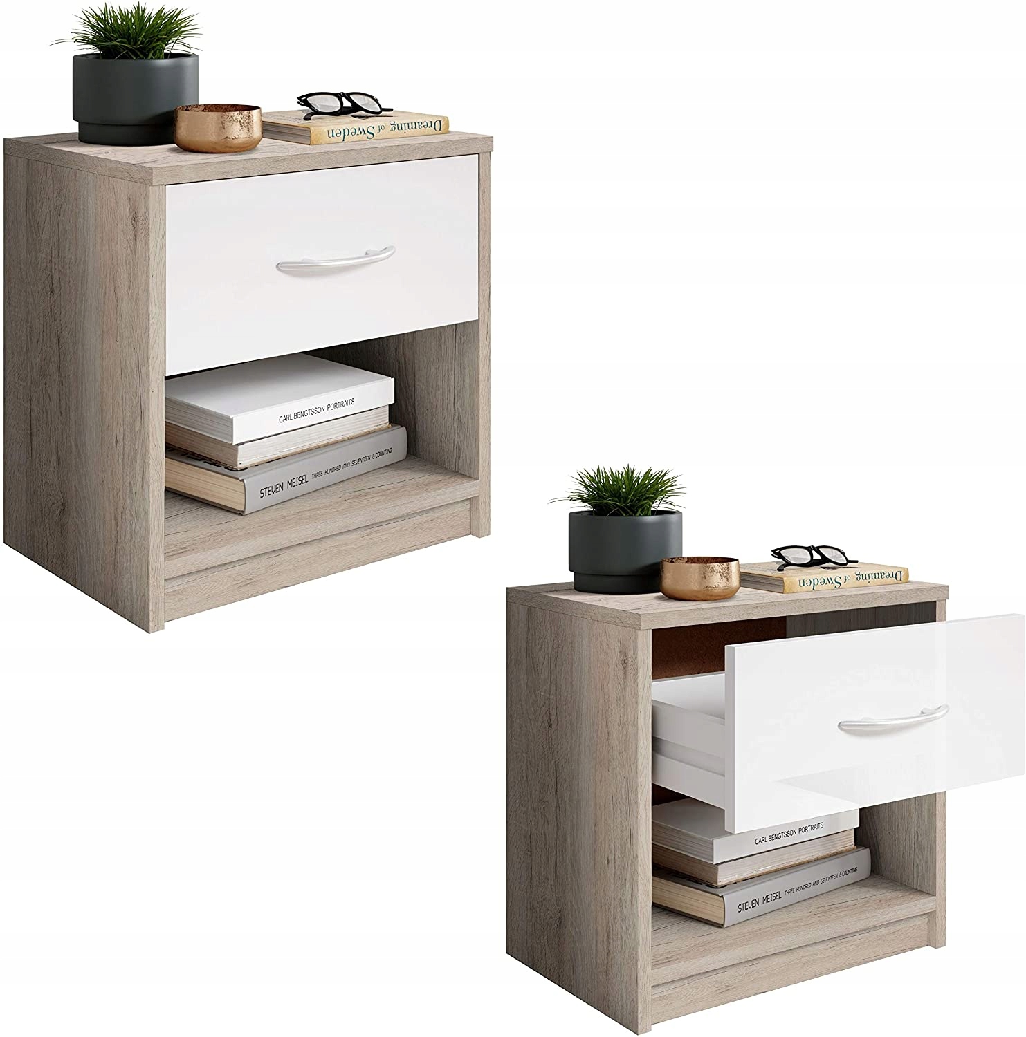 Stolik Nocny Szafka Nocna z Szufladą beżowy, biały Głębokość mebla 41 cm