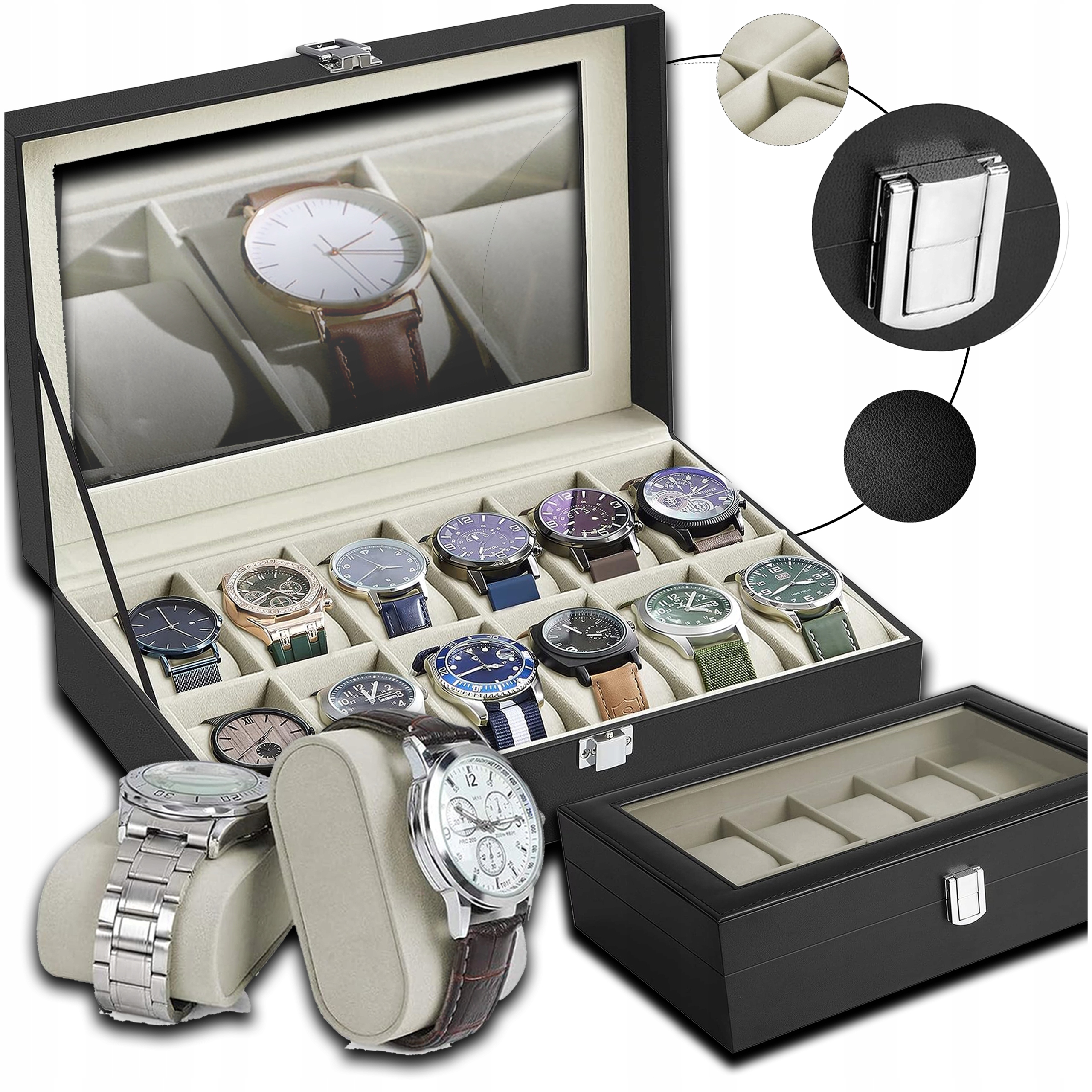 ETUI NA ZEGARKI BIŻUTERIĘ 12 PRZEGRÓDEK ORGANIZER SZKLANA POKRYWA PREZENT