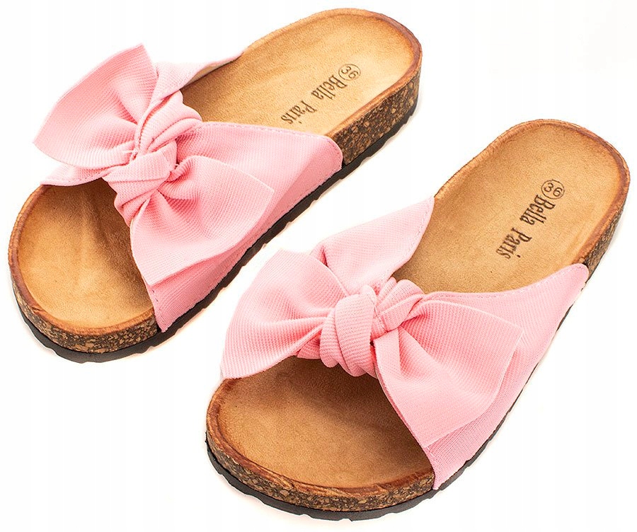 4629 RÓŻOWE ZAMSZOWE KLAPKI Z KOKARDĄ NA KORKU 38