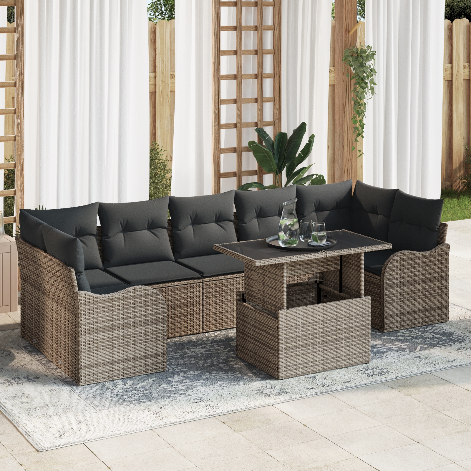 Zahradní sedací souprava z polyratanu, stolek, šedá, modulární design