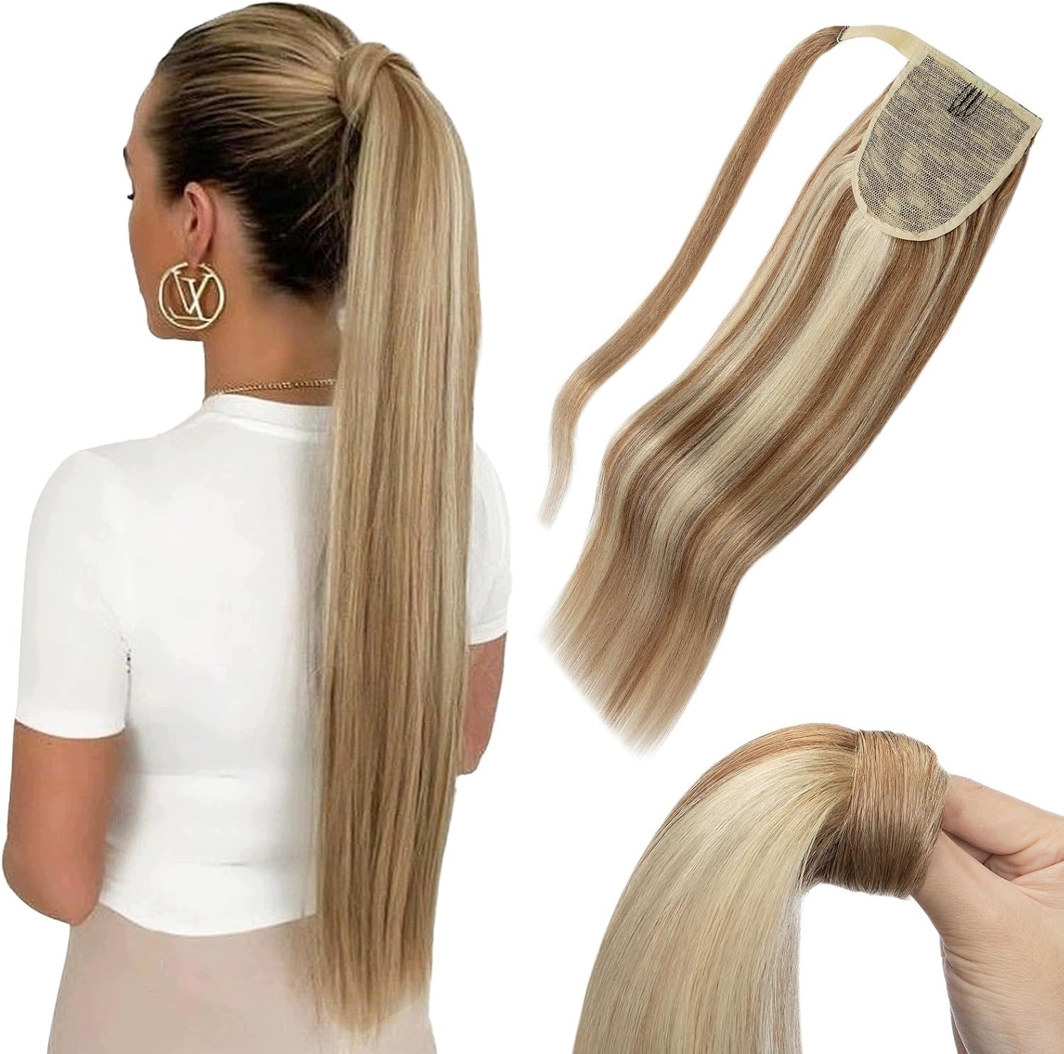 Kucyk vlasy přírodní 50 cm 95 g suchý zip hnědý blond 12P613 připínací Resteq