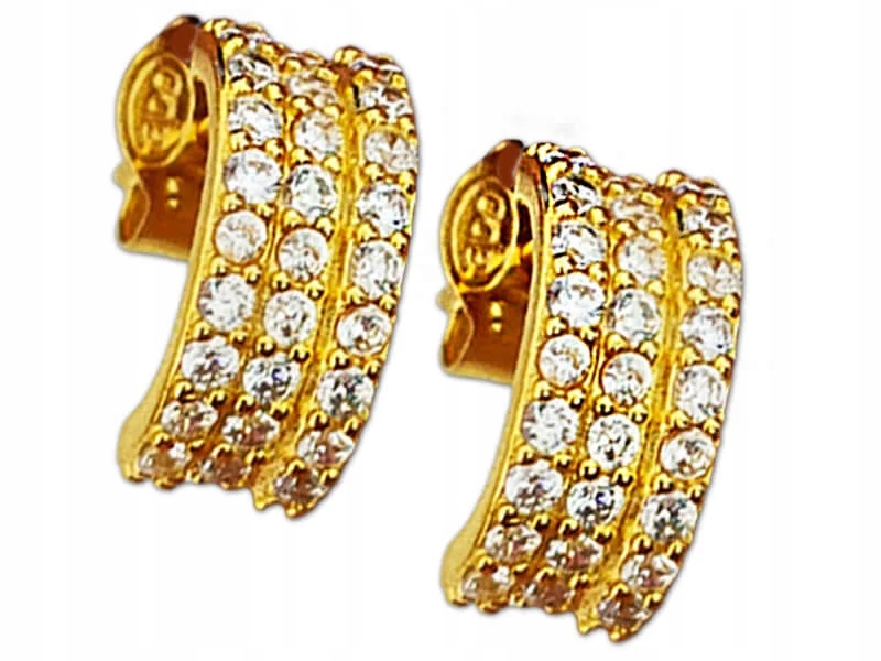 Stříbrné náušnice pozlacené 925 čárkami na tyčince s bílými zirkony