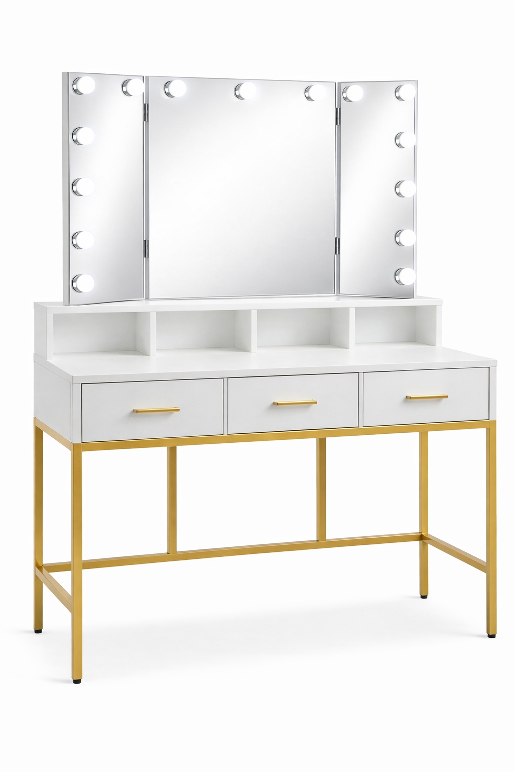 TOALETKA KOSMETYCZNA DO MAKIJAŻU BIAŁA ZŁOTA LUSTRO LED 3 SZUFLADY