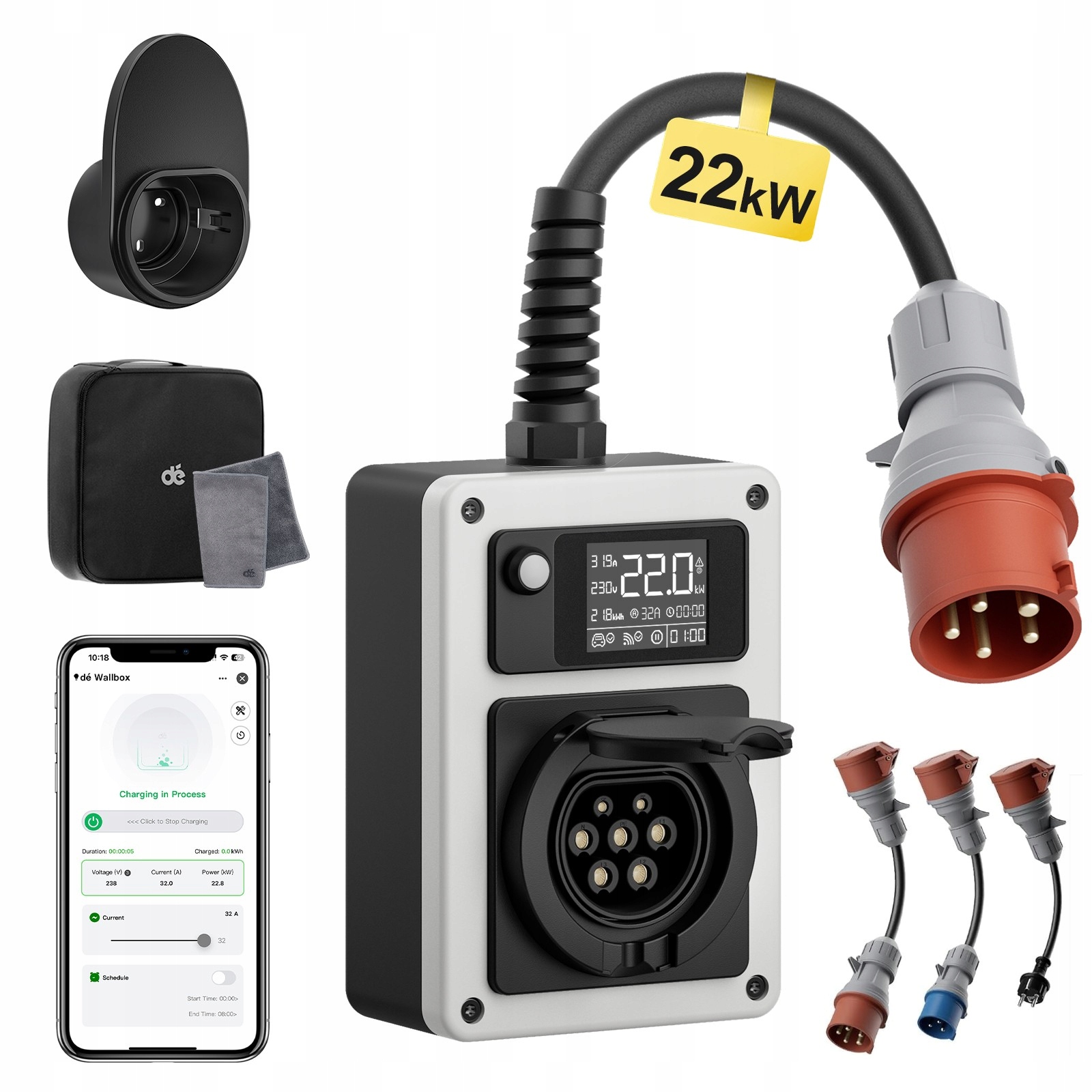 Nabíjačka do auta 22 kW Prenosný mobilný Wallbox Ev Cee 32A adaptéry