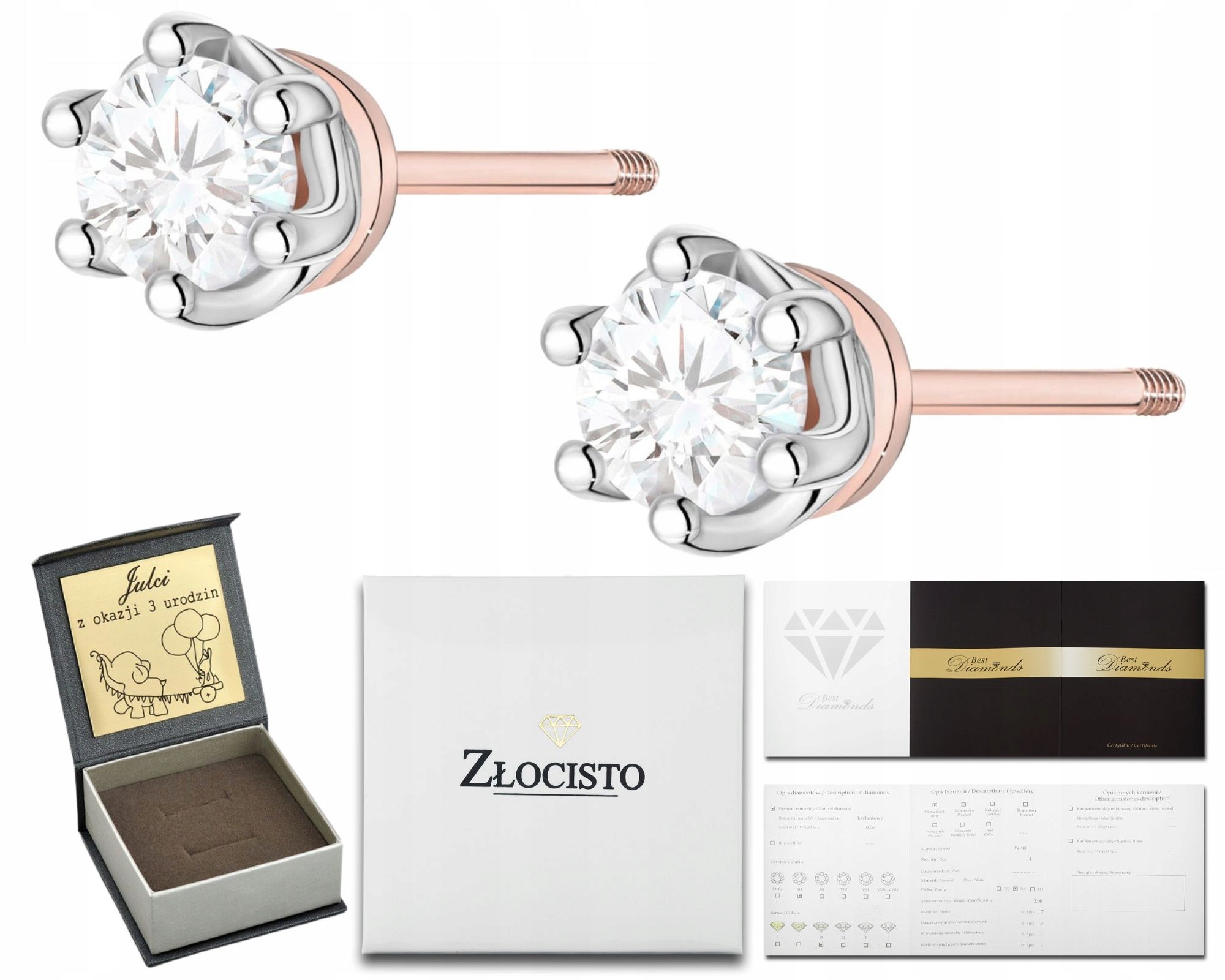 Růžové Zlato Náušnice S Diamanty, Šroubovací Tyčinka