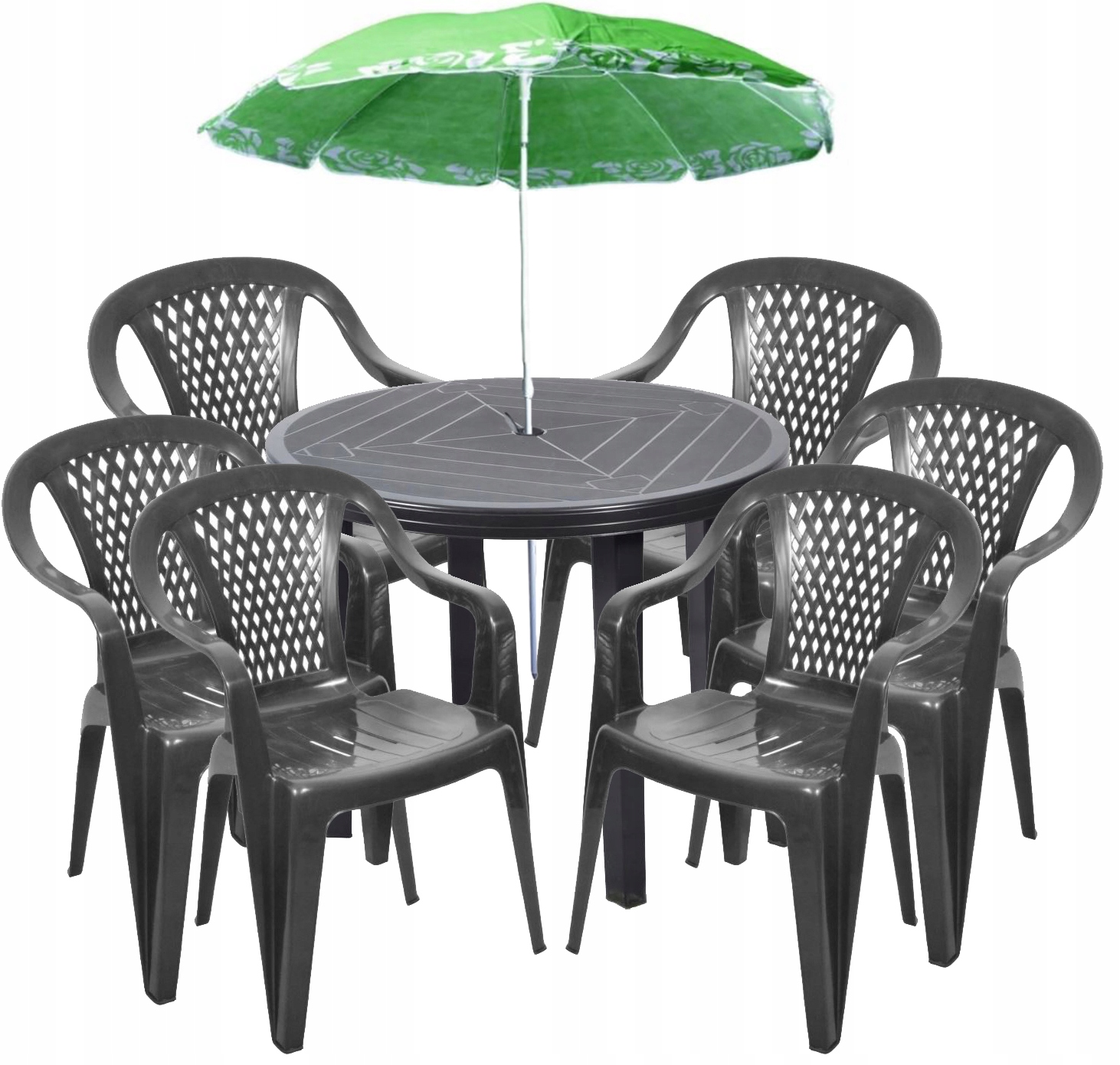 6+1 ZESTAW PLASTIKOWY KRZESŁA STÓŁ PARASOL GRAFIT