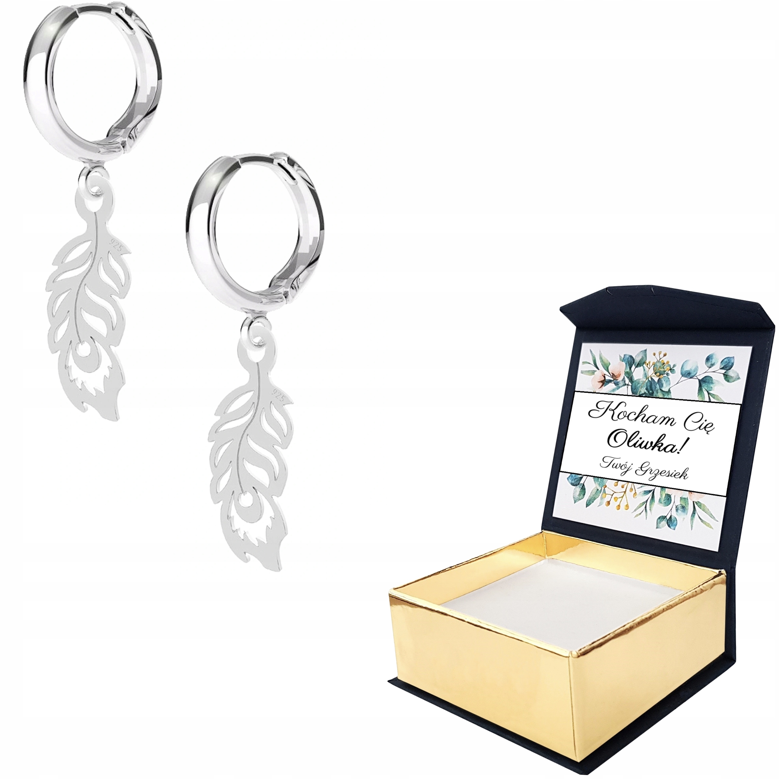 Stříbrné náušnice Paví Pírko s Vlastním Potiskem Potiskem na Přání