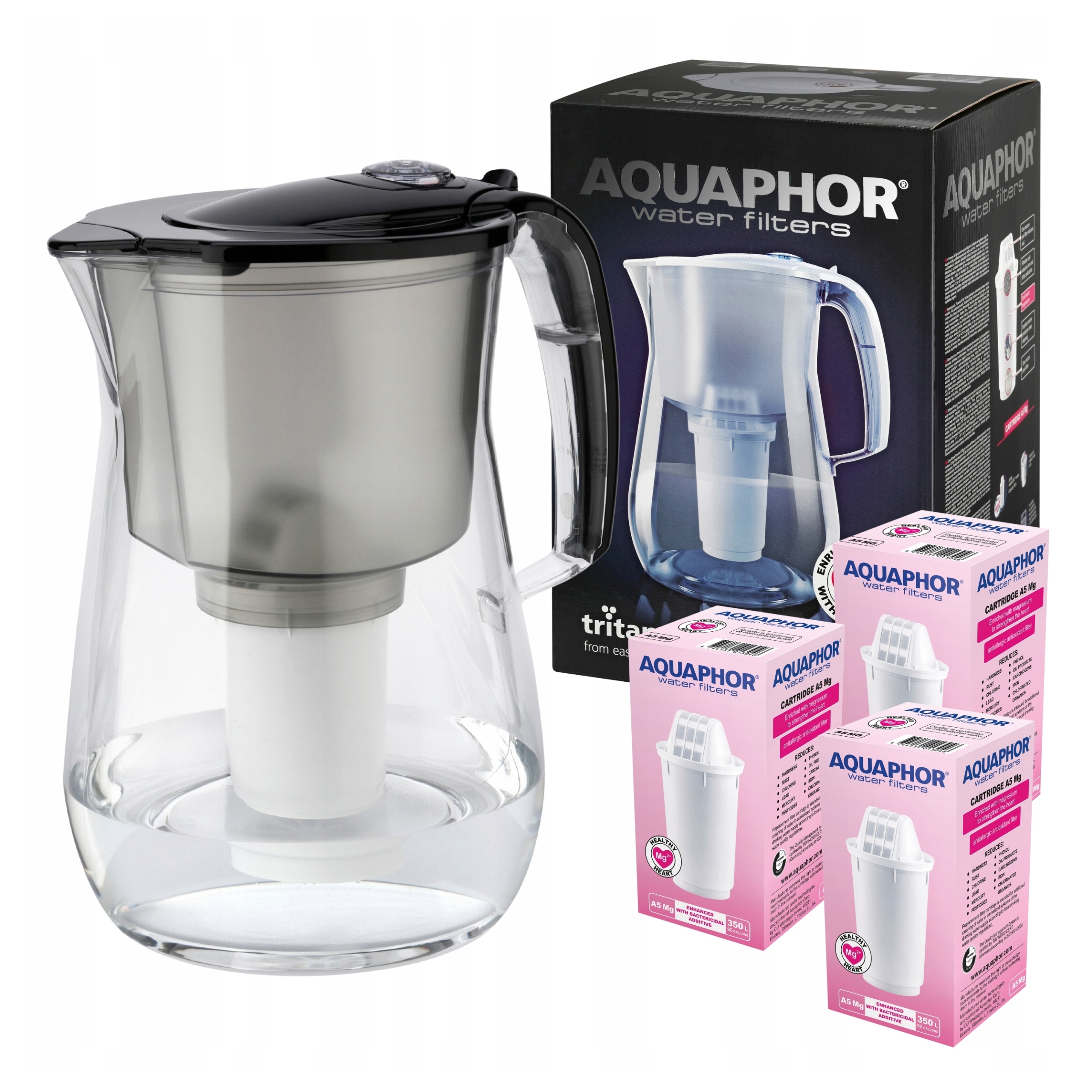 Dzbanek filtrujący Aquaphor Provence 4,2L z 3 wkładami A5 Mg, Czarny