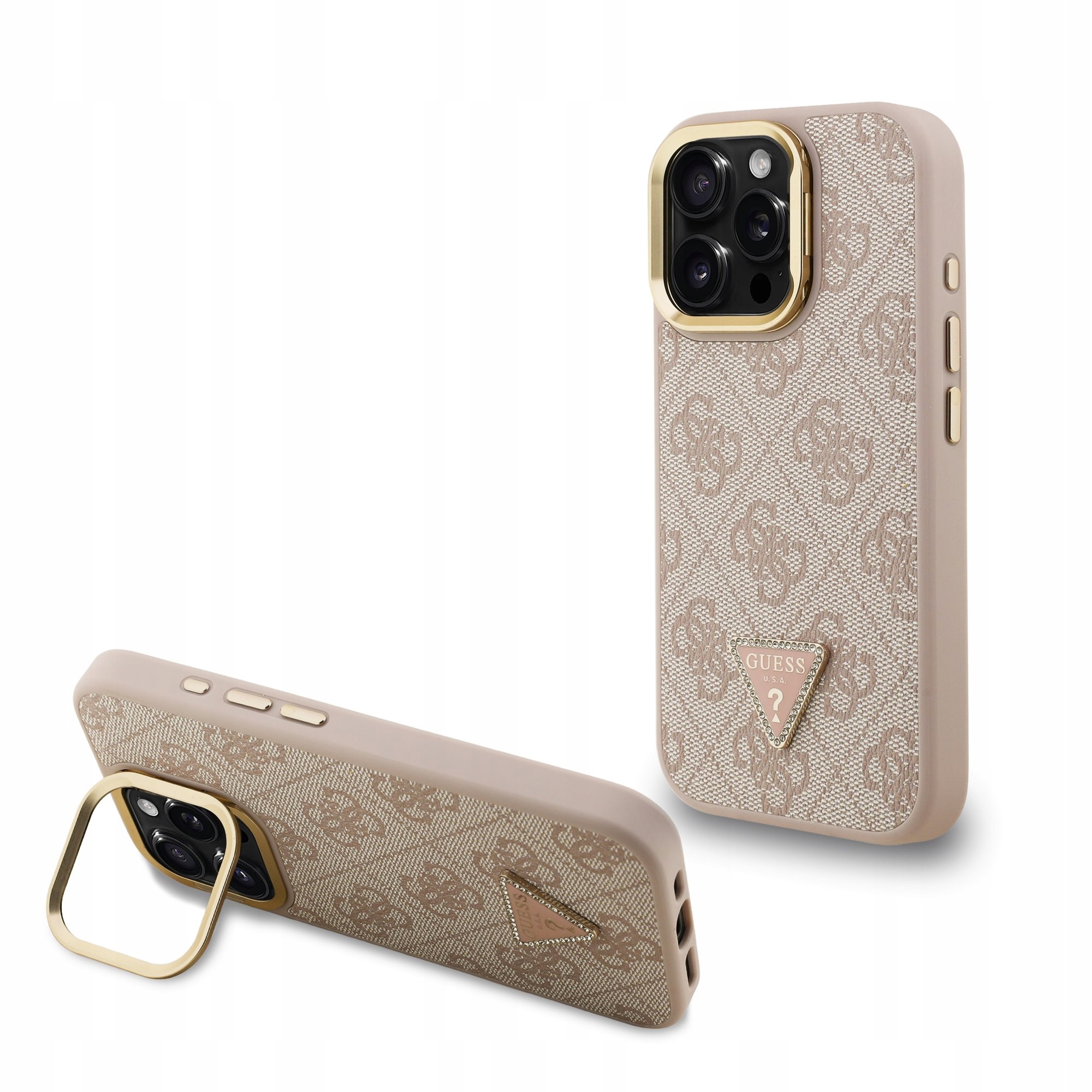 Guess Pu Strass Triangle Logo MagSafe Pouzdro na iPhone 15 Pro Podstavec Pink