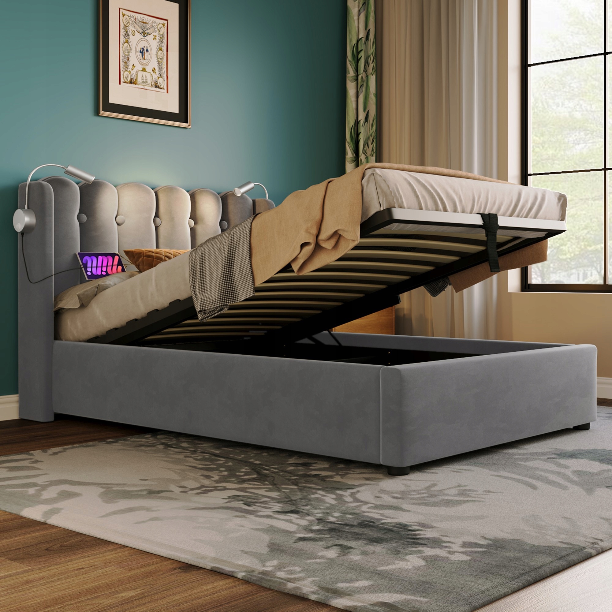 Čalouněná postel Sofa s funkcí spaní Hydraulické 90200 cm Usb-c šedá