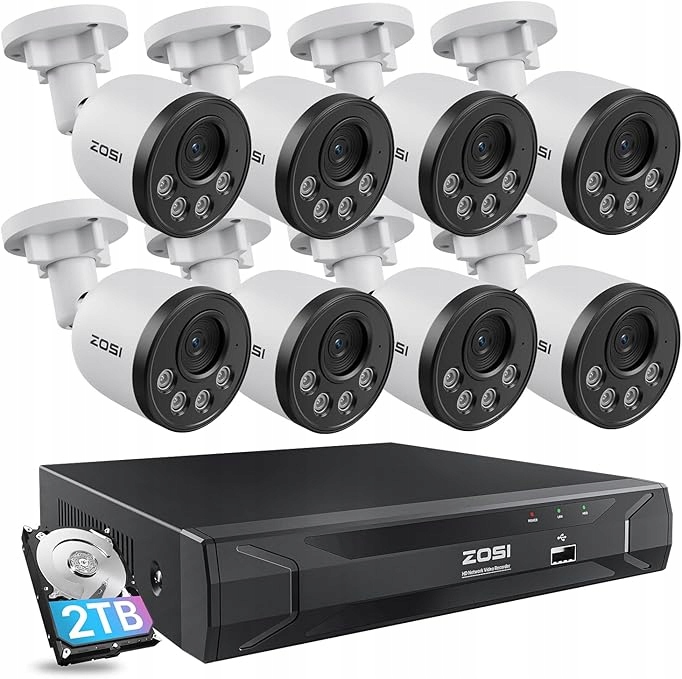 Zosi 8CH System Kamer Bezpieczeństwa PoE z dźwiękiem, H.265+ 5MP Nvr z 2TB