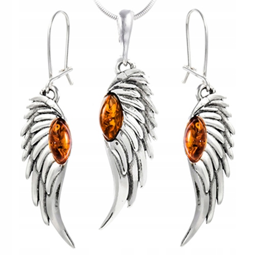 Komplet Stříbrných Šperků s křidélky a přírodním Jantarem stříbro 925