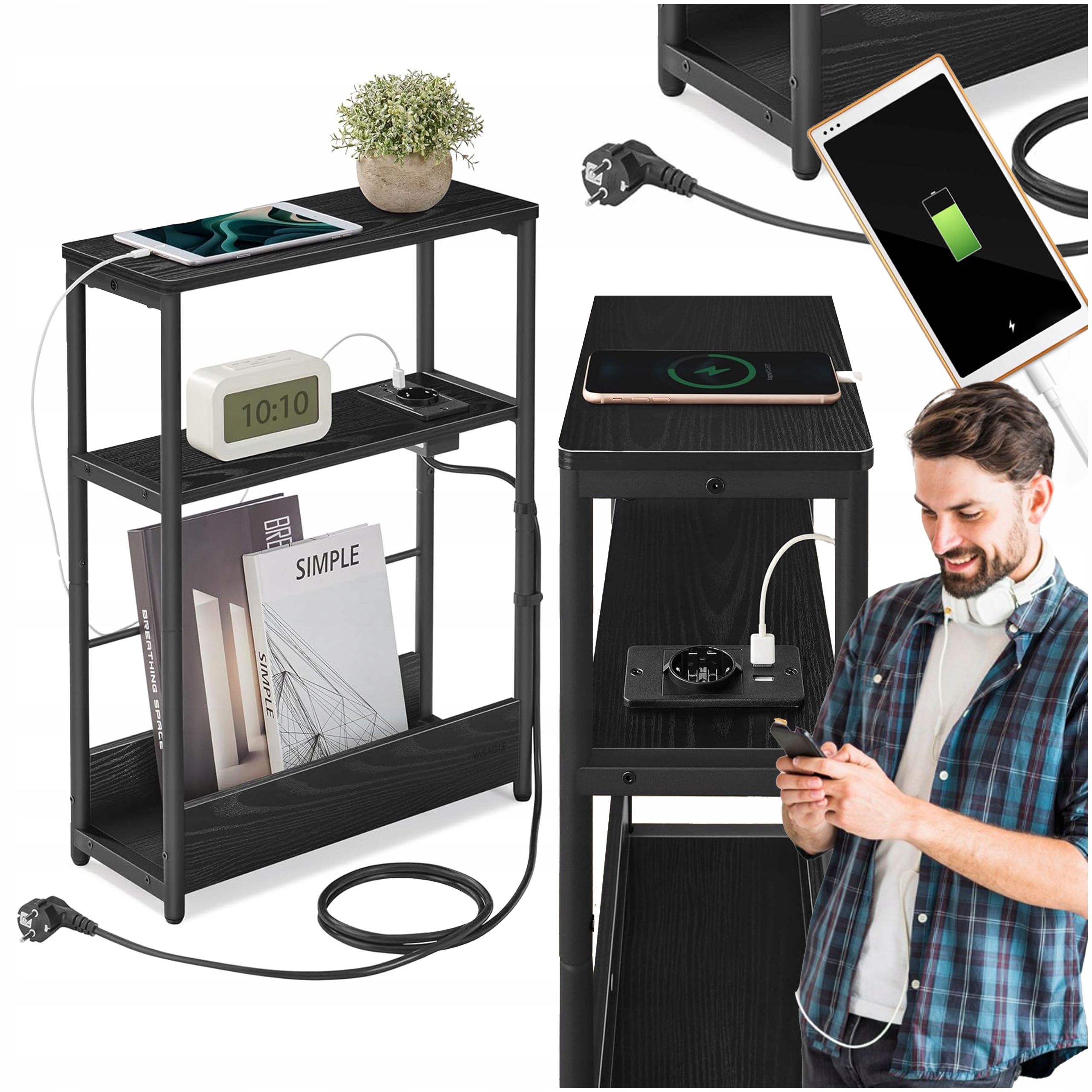 Noční stolek s Usb portem, černý, pomocný stolek, vysoký, černý