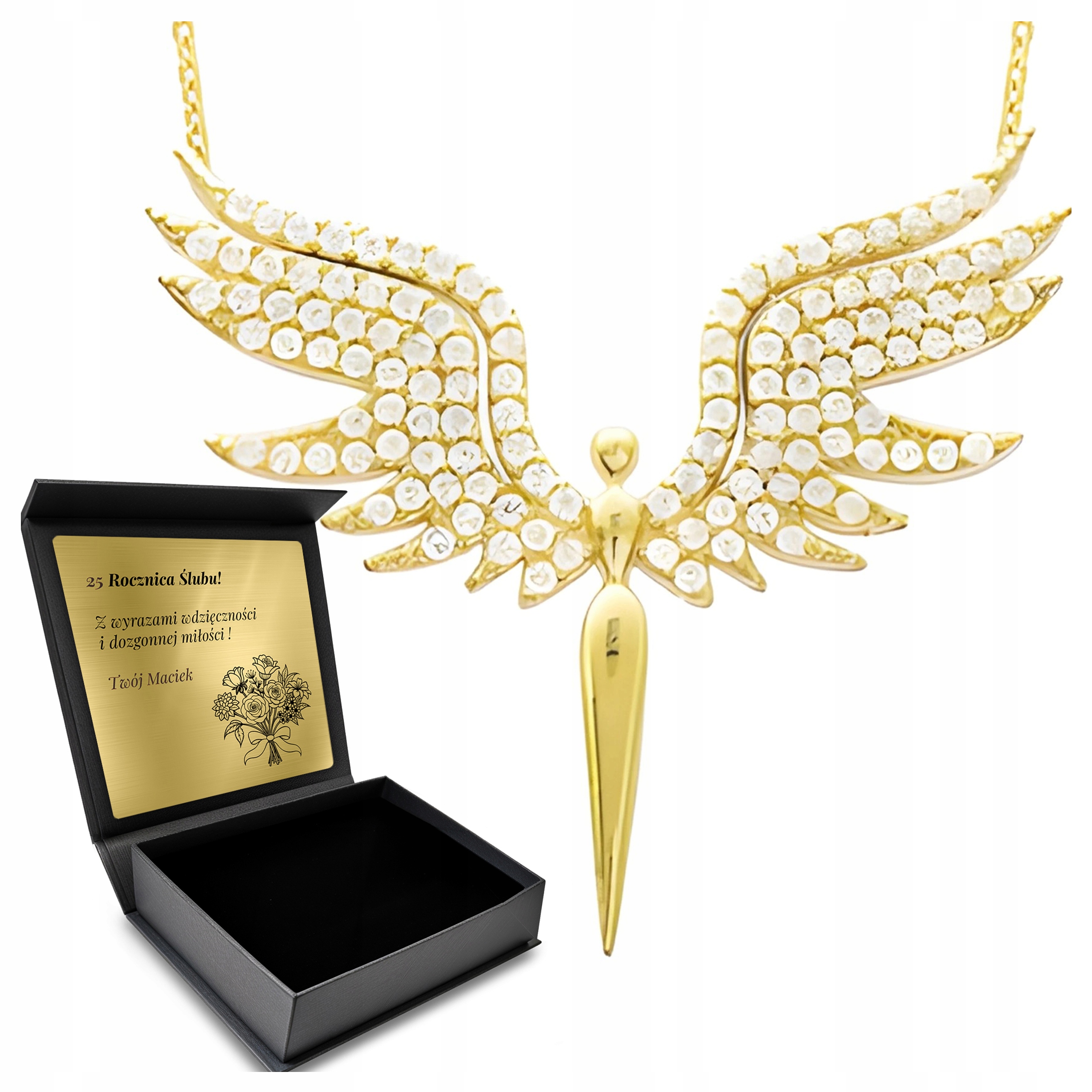 Náhrdelník Anděl Zlatý Zirkony Dárek pro ženu Stříbro Gravírování