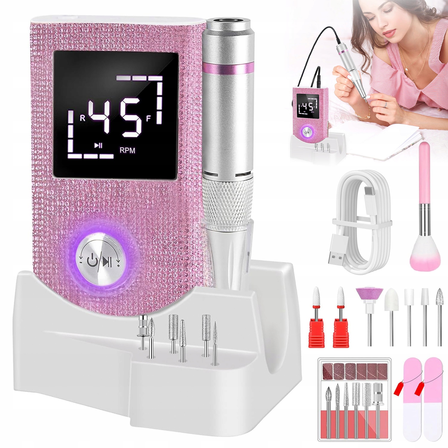 Bruska Na Nehty Manikúra Pedikúra Profesionální Výkonná 50W Frézy Sada