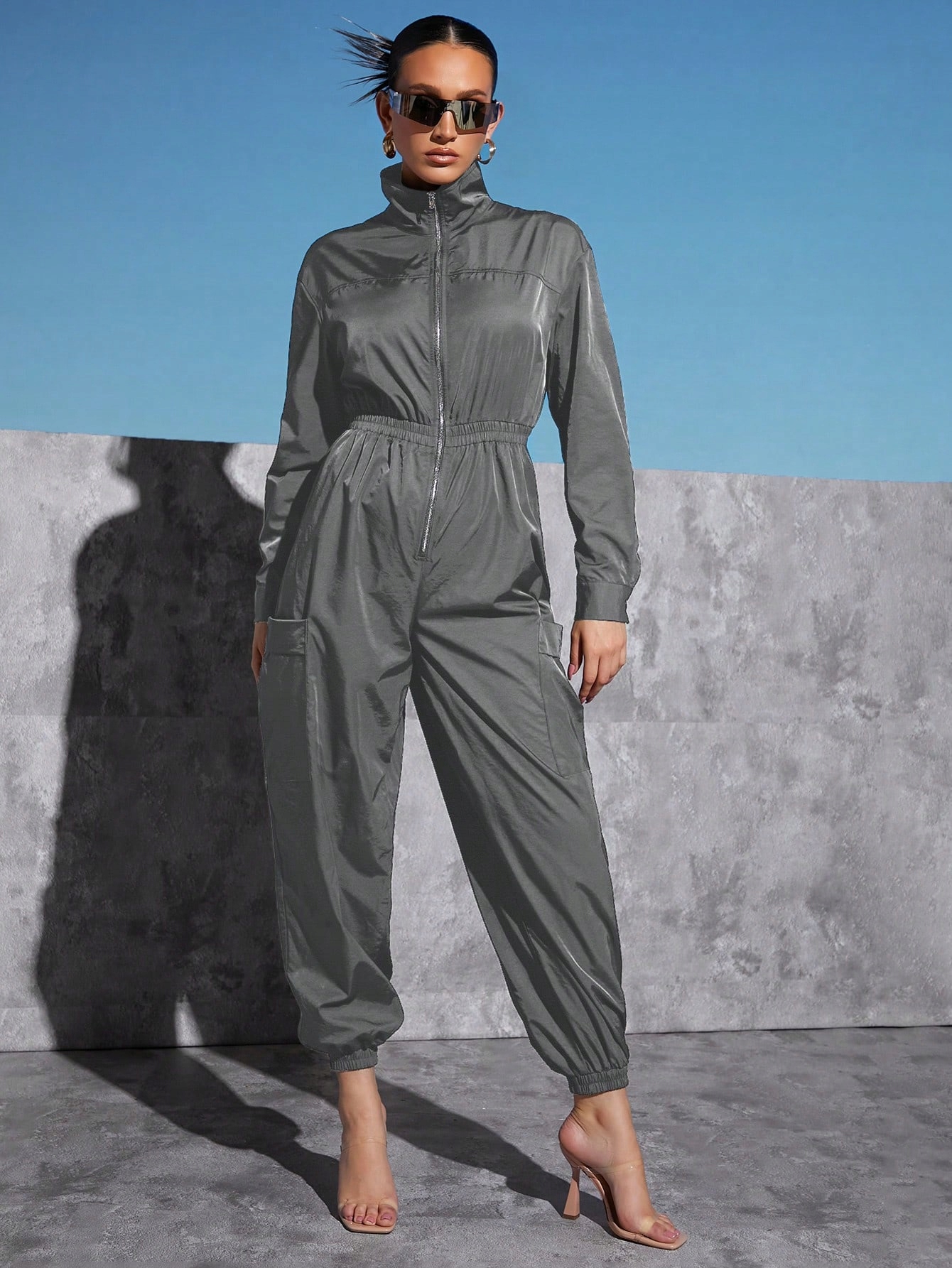 Kombinéza Se Stojáčkem Cargo Šedá Casual Shein Xs 34