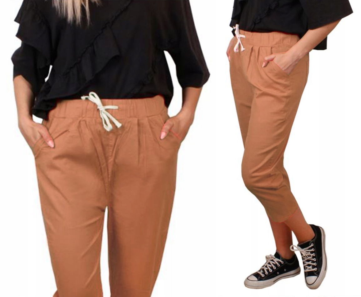 

Spodnie 3/4 # bawełna Rybaczki Len camel L/XL