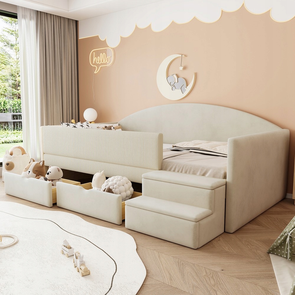 Łóżko tapicerowane 90x190 cm z szufladami beżowe welurowe sofa