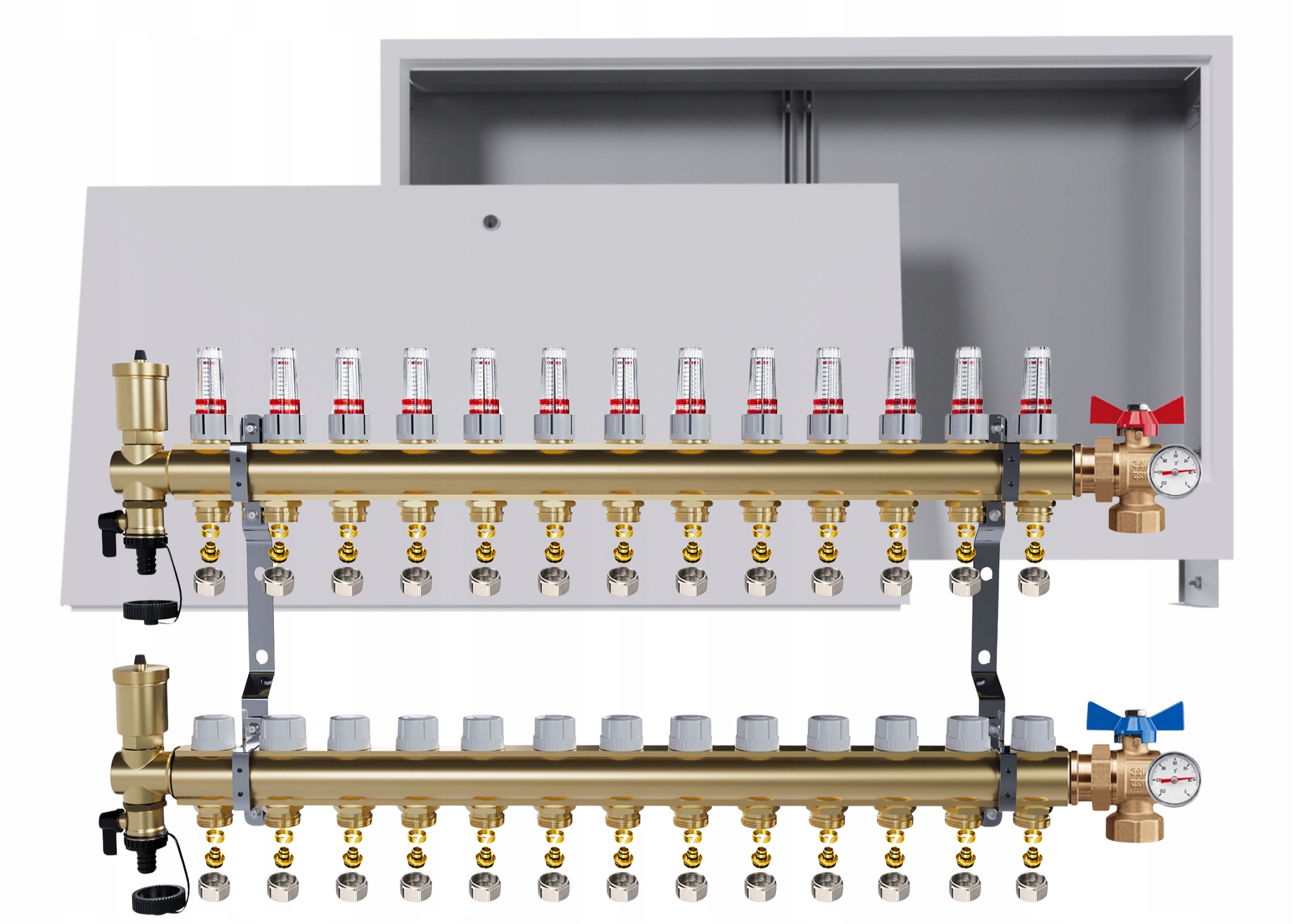 Rozdělovač podlahy 13 okruhů kulové ventily teploměr krabička Pex