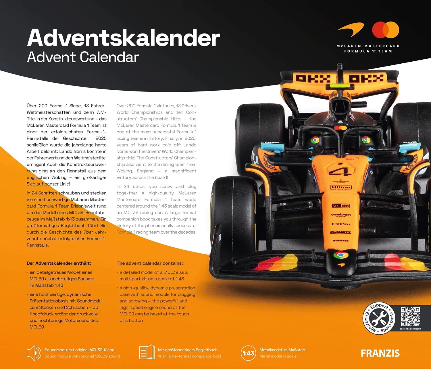 Адвент-календарь Franzis McLaren F1 MCL39 2026, сборная модель болида 1:43 со звуком — фото 5